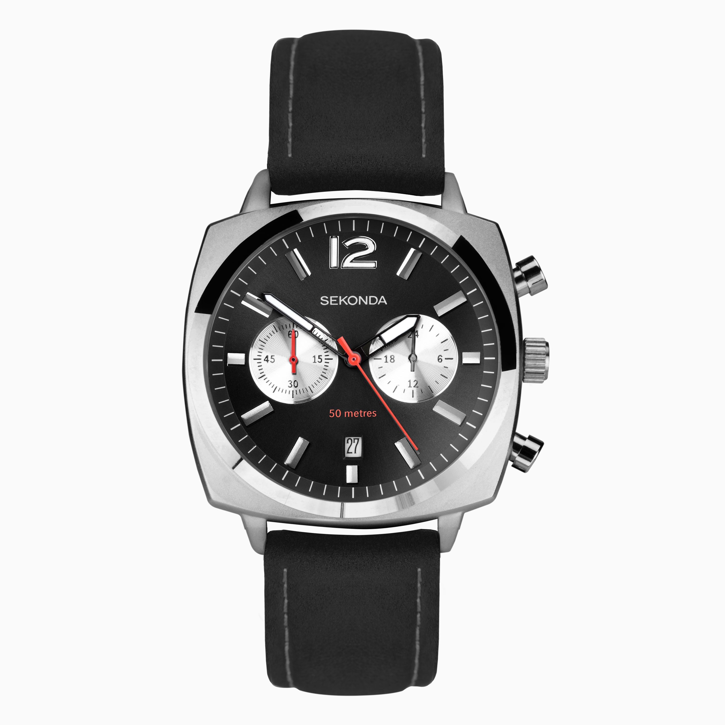 Sekonda Men's Silver/Black Airborne Chronograph Watch | Case & Leather Strap With Dial | 30028