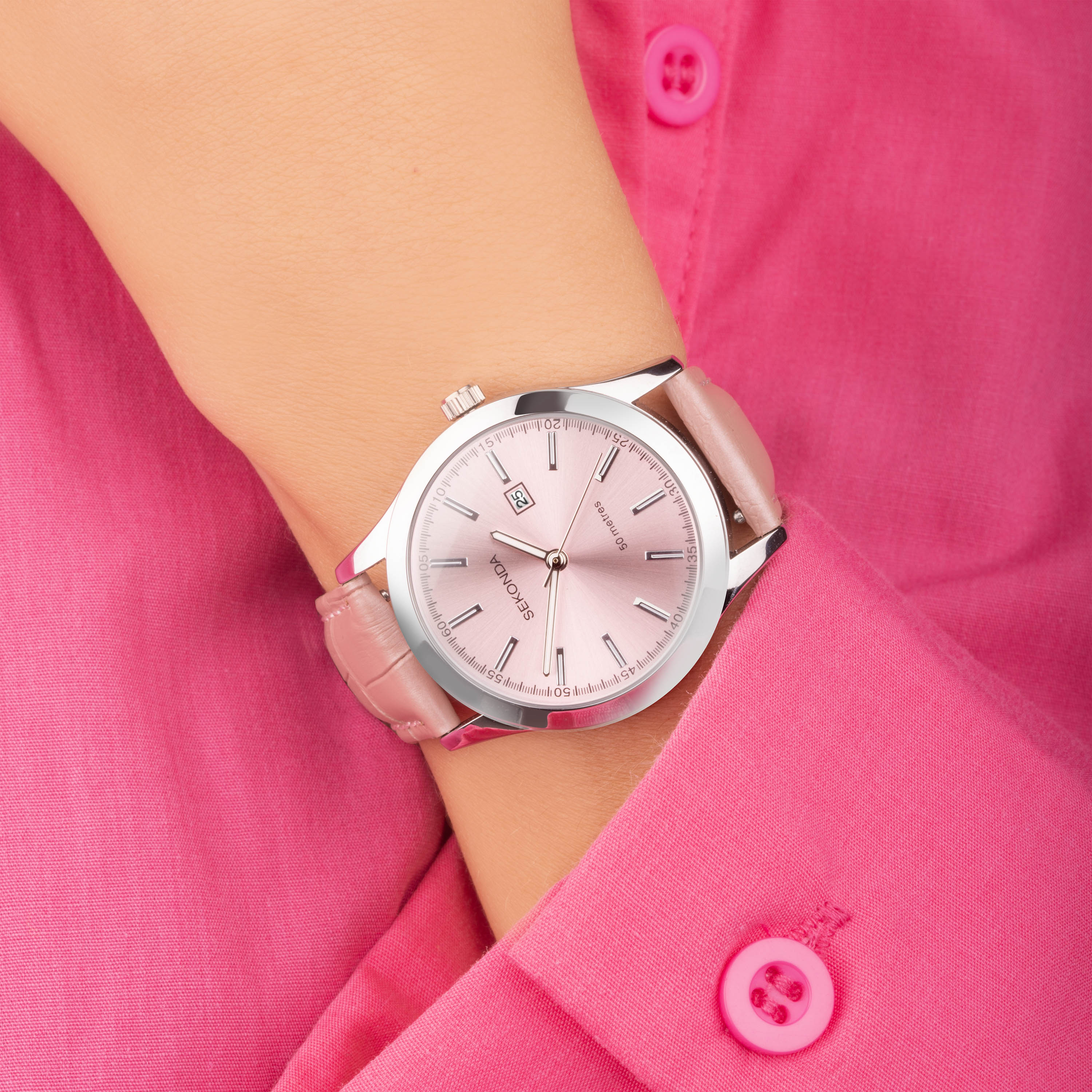 ?Women Pink Stainless Steel Watch with Steel, Leather, or Silicone Band THE HERITAGE - WHITE DIAL / BABY PINK LEATHER STRAP WATCH  main image 3