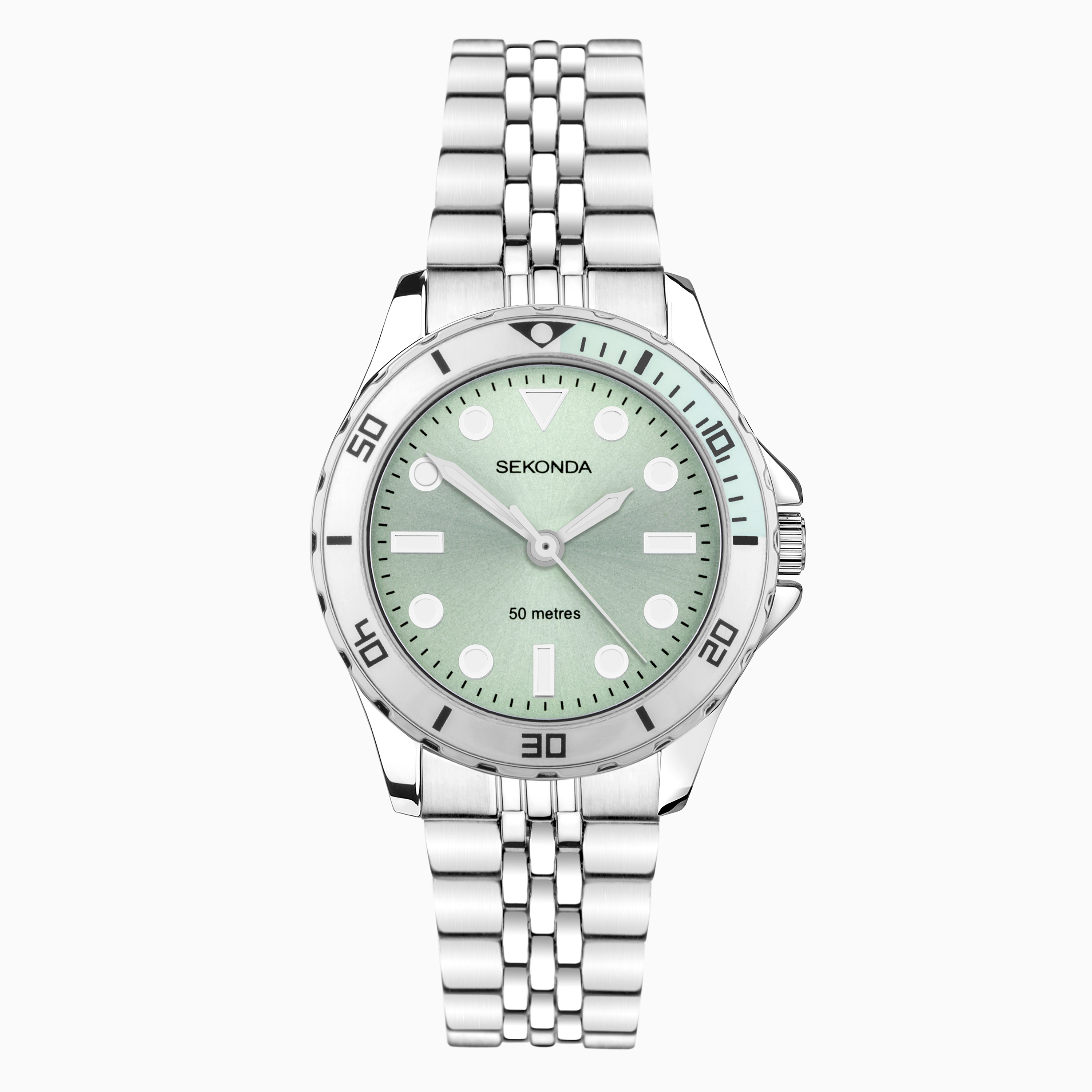 Sekonda Balearic Ladies Sports Watch 40565 Round Silver Stainless Steel Bracelet Green Dial Dive Collection Sekonda