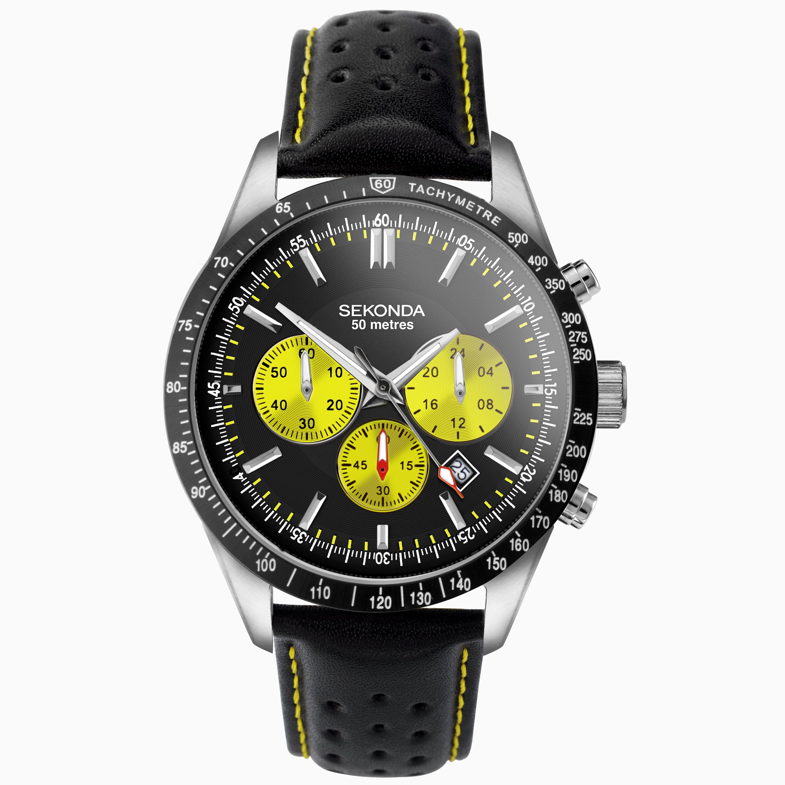 Sekonda Velocity Men s Sports Chronograph Watch 30068 Round Black Leather Strap Black Dial Sports Collection Sekonda