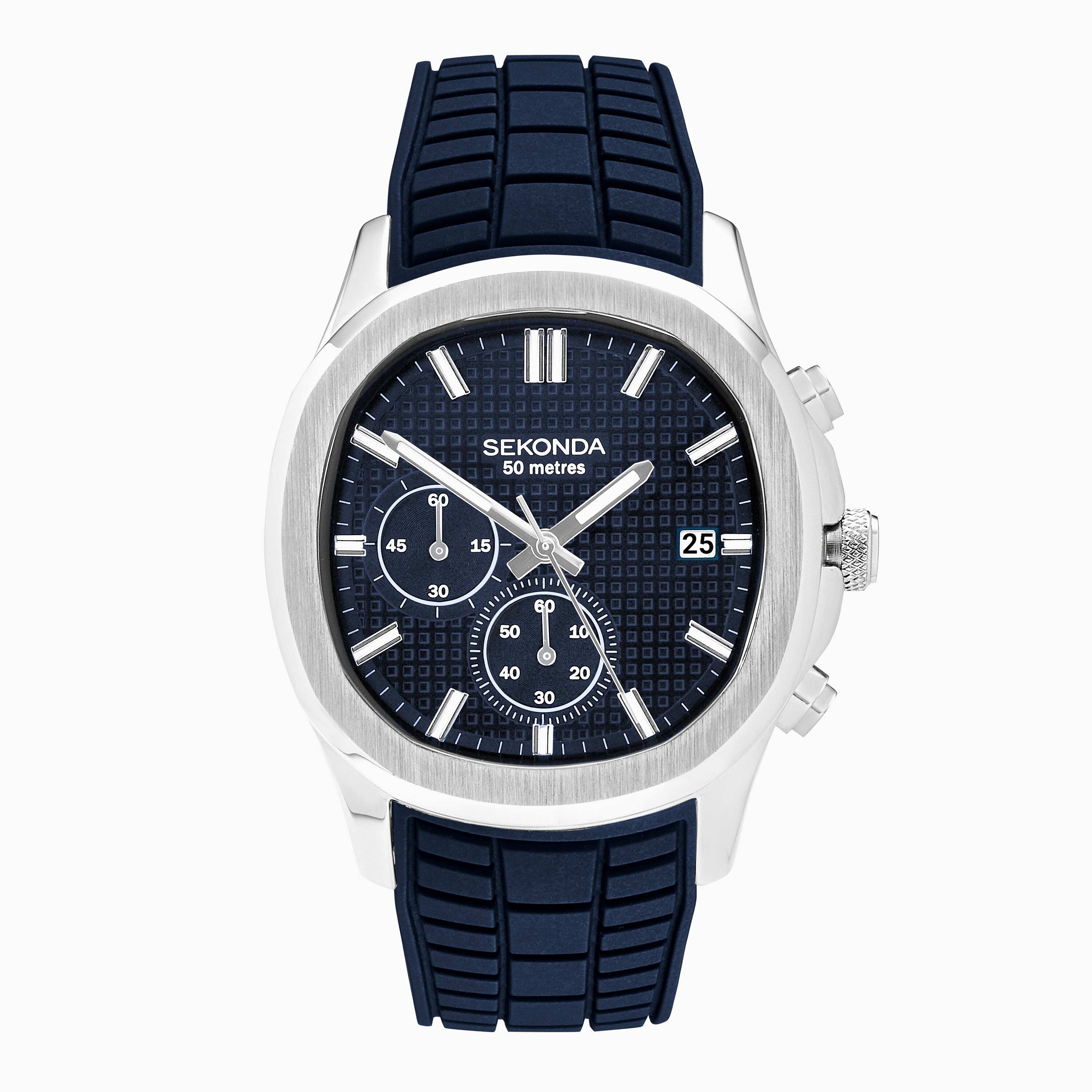 Sekonda Men's Silver Octaire Chronograph Watch | Alloy Case & Navy Silicone Strap With Navy Dial | 30276