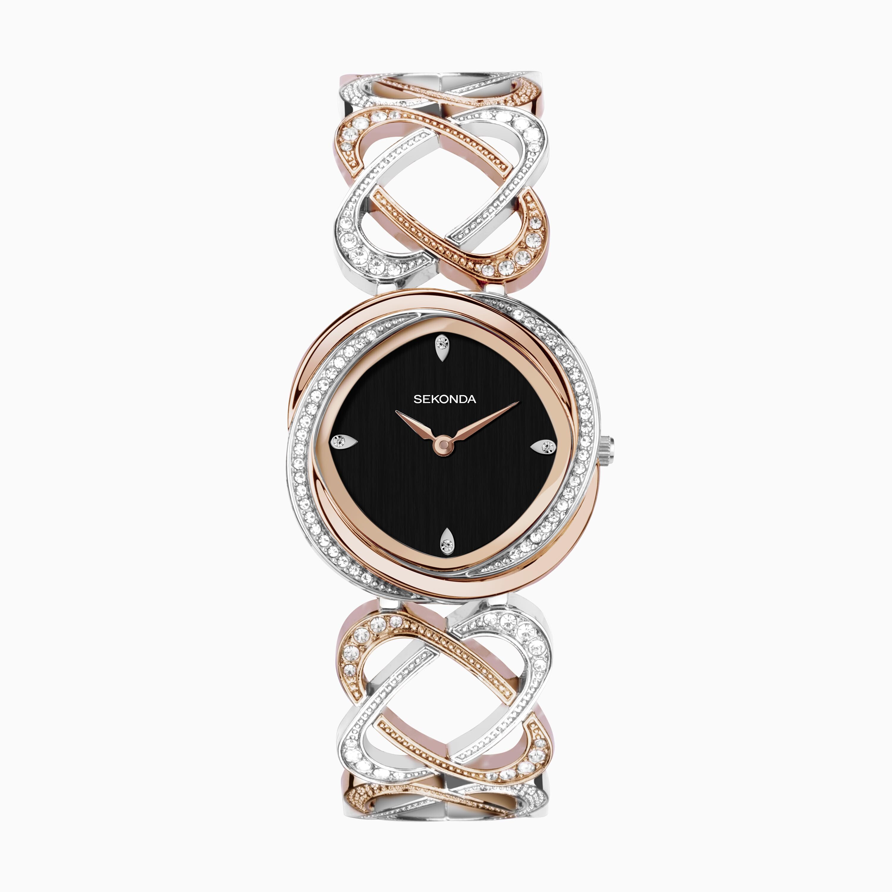 Sekonda Hidden Hearts Ladies Dress Watch 40508 Round Two Tone Alloy Bracelet Black Dial Sparkle Collection Sekonda