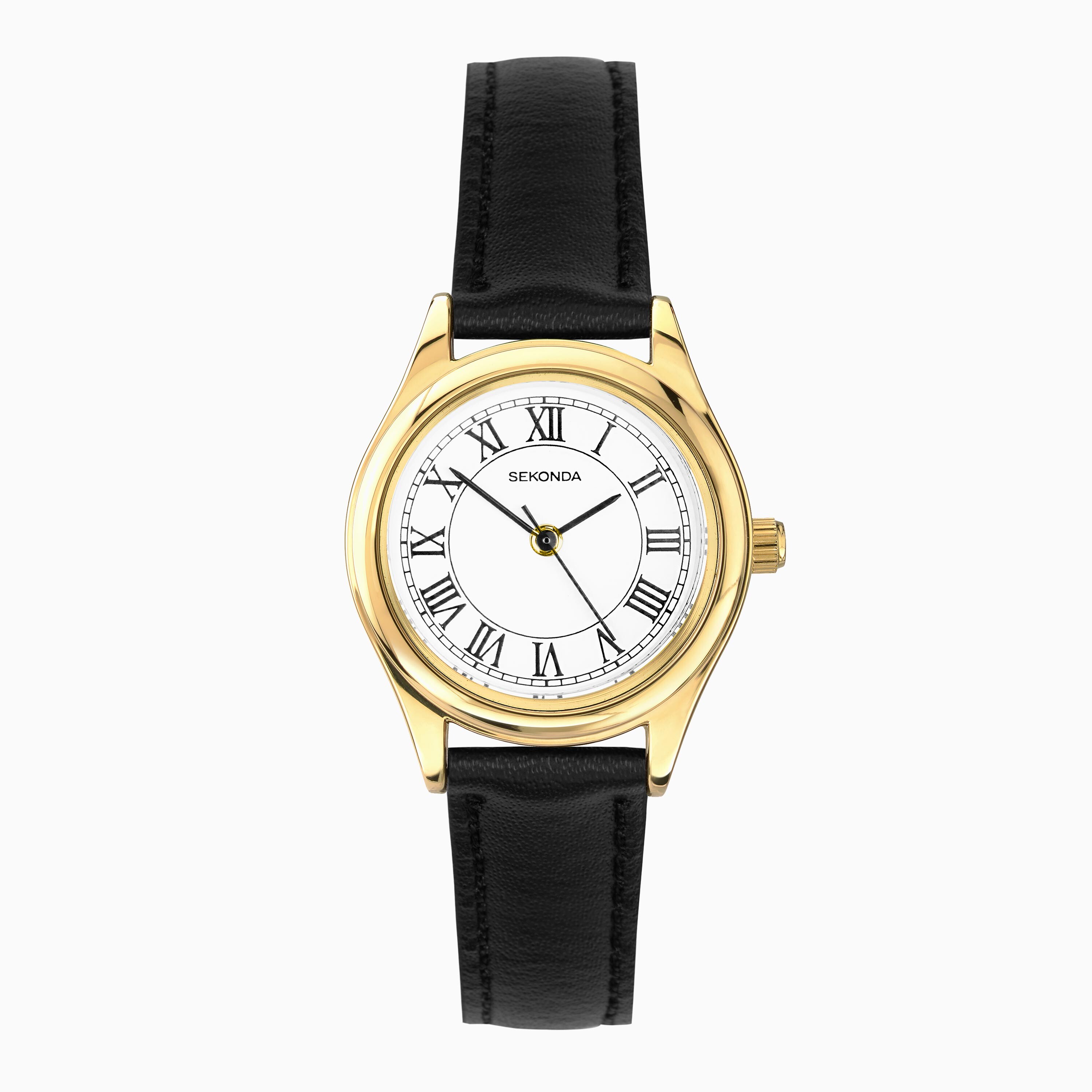 Sekonda Sekonda Evans Ladies Watch | Gold Alloy Case & Black Leather Strap with White Dial | 40686