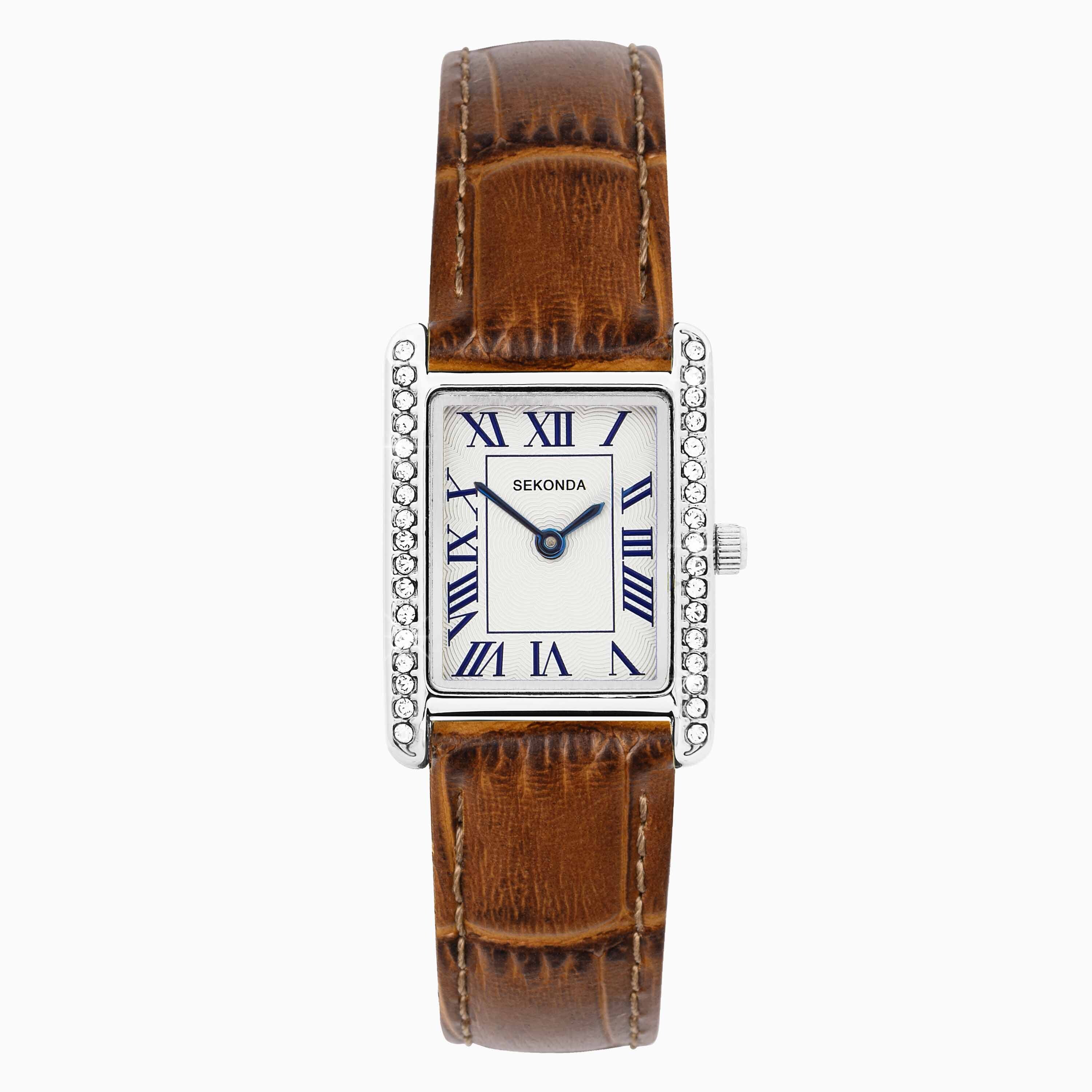 Sekonda Women's Silver/Brown Colette Stone Set Watch | Case And Leather Strap | 40736