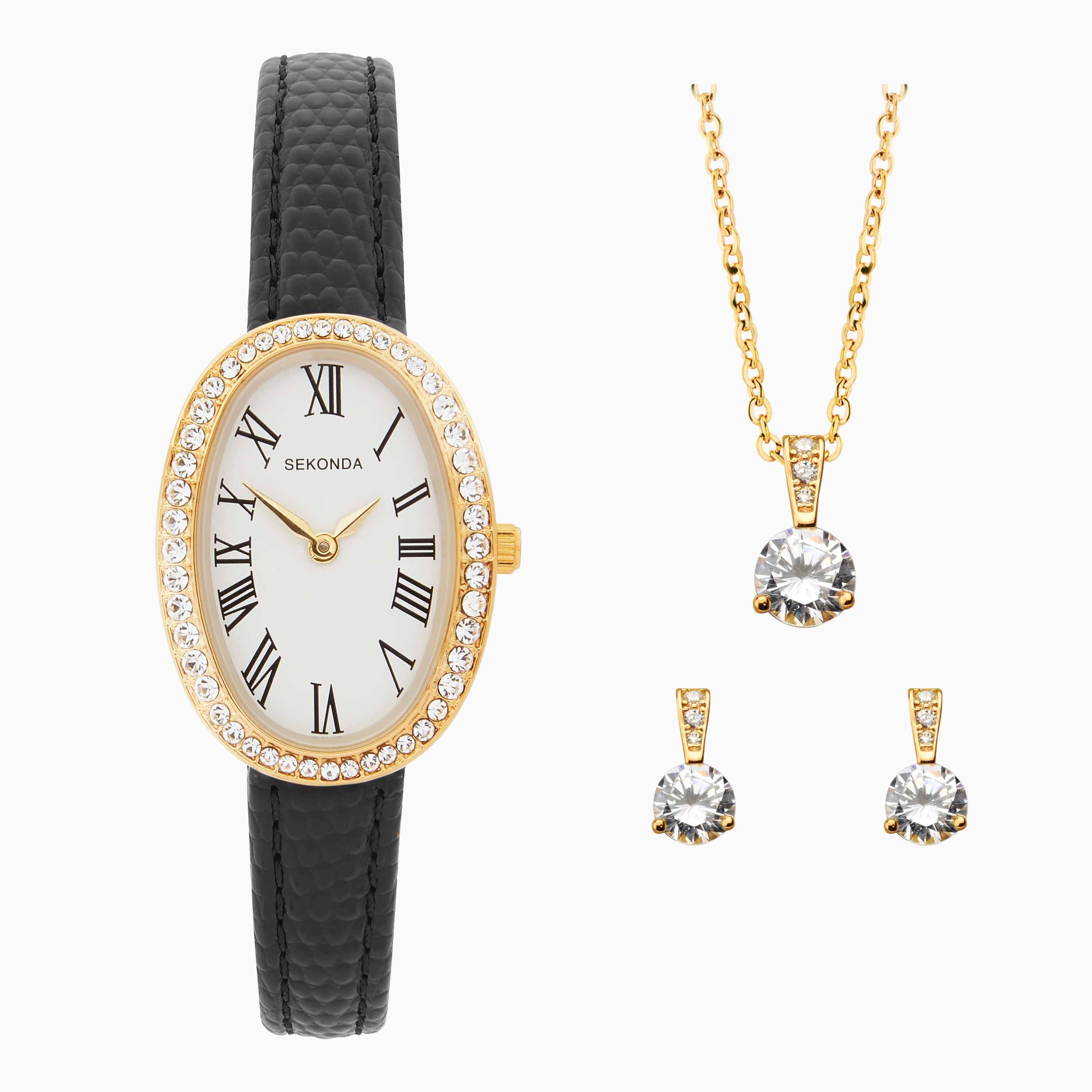 Sekonda Bellamy Ladies Stone Set Gift Set | Gold Case and Black Leather Strap | 49079