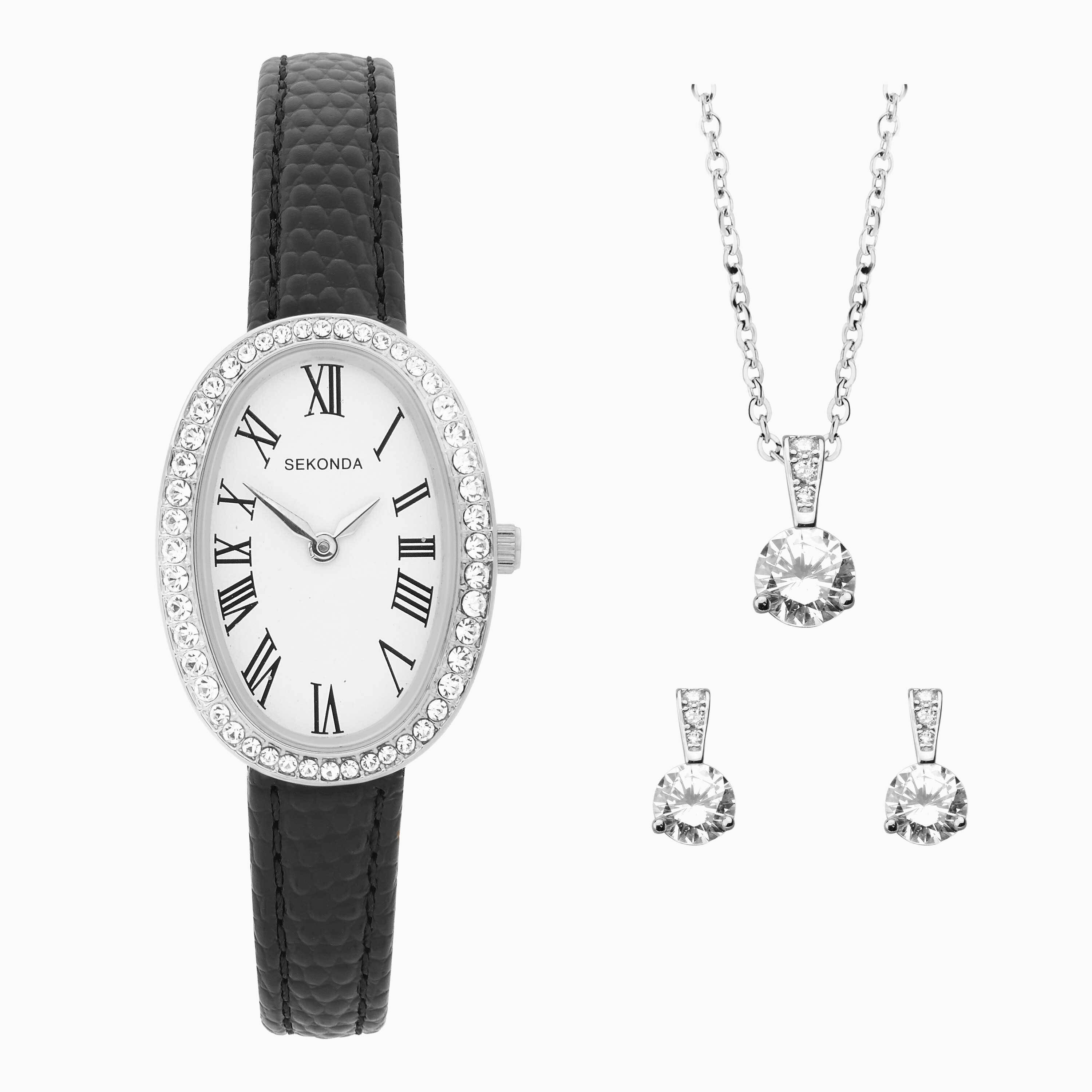 Sekonda Bellamy Ladies Gift Set | Silver Case and Black Leather Strap | 49097