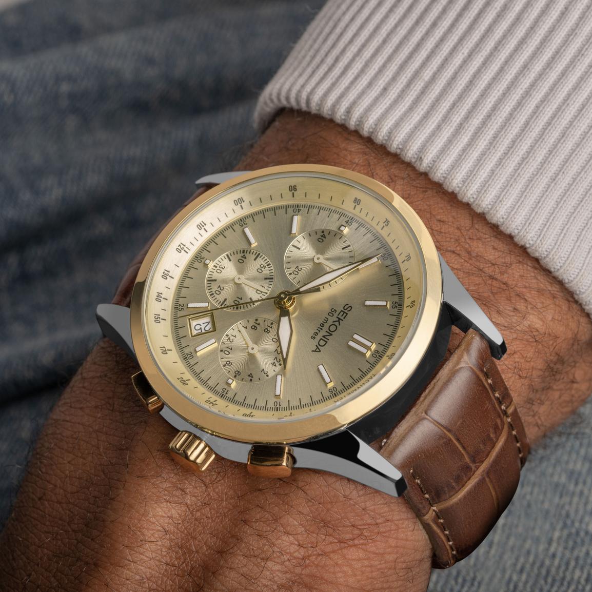 Sekonda Racer Orologio Uomo Quarzo – Cassa 42mm, Pelle Marrone, Cronografo E Impermeabile 50m