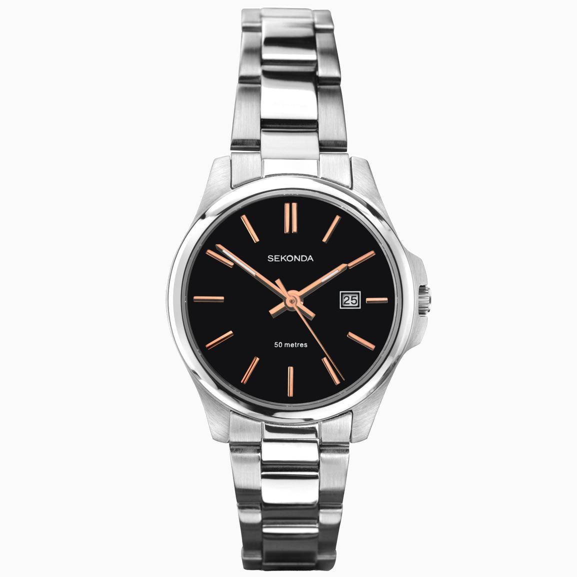 Sekonda Ladies Watch | Silver Stainless Steel Case & Bracelet with Black Dial | 2097