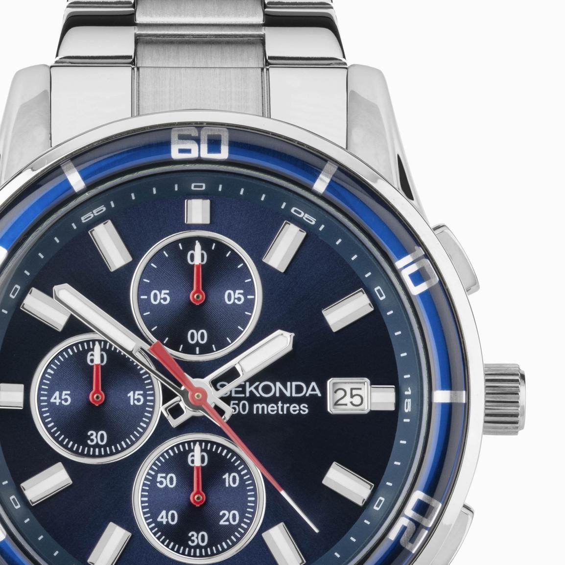 Sekonda Sport Midnight – Orologio Cronografo Uomo, Cassa 44 Mm, Cinturino In Acciaio Inossidabile Argentato, Impermeabile 50m - 2