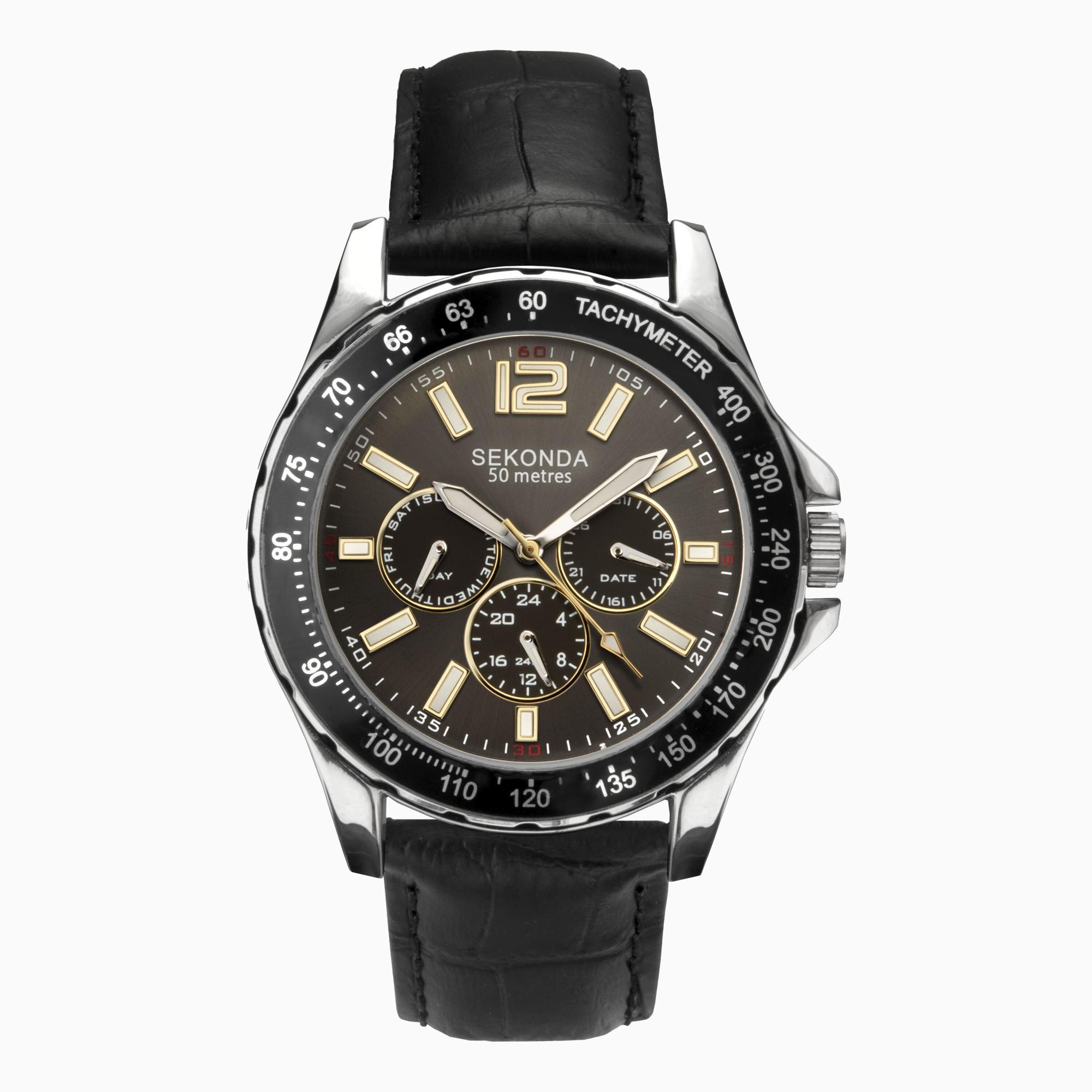 Sekonda Sekonda Men’s Sports Watch | Silver Alloy Case & Black Leather Strap with Grey Dial | 1917