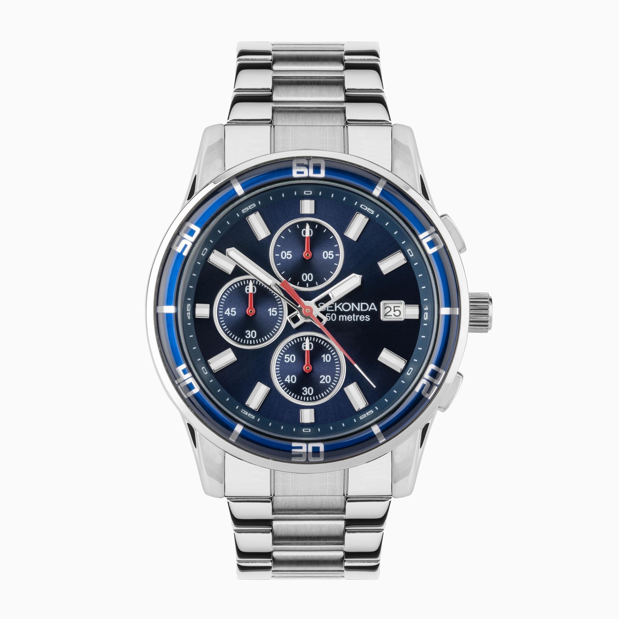 Sekonda Sekonda Midnight Chronograph Men’s Watch | Silver Alloy Case & Stainless Steel Bracelet with Blue Dial | 30207