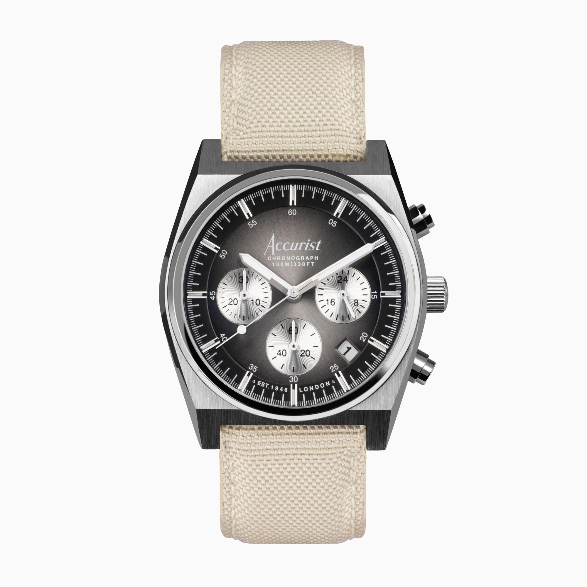 Accurist Accurist Origin Men's Chronograph Watch | Gunmetal case & Cream Canvas Strap with Black Dial | 41mm