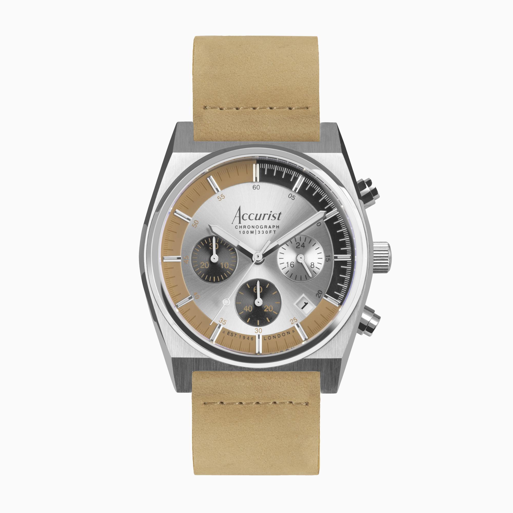 Accurist Accurist Origin Men's Chronograph Watch | Silver Case & Tan Leather Strap with Silver Dial | 41mm