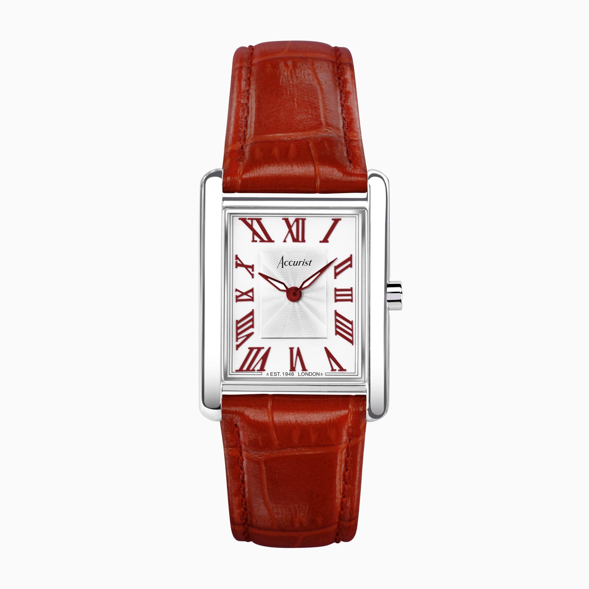 Accurist Accurist Rectangle Ladies Watch | Silver Case & Red Leather Strap with White Dial | 26mm