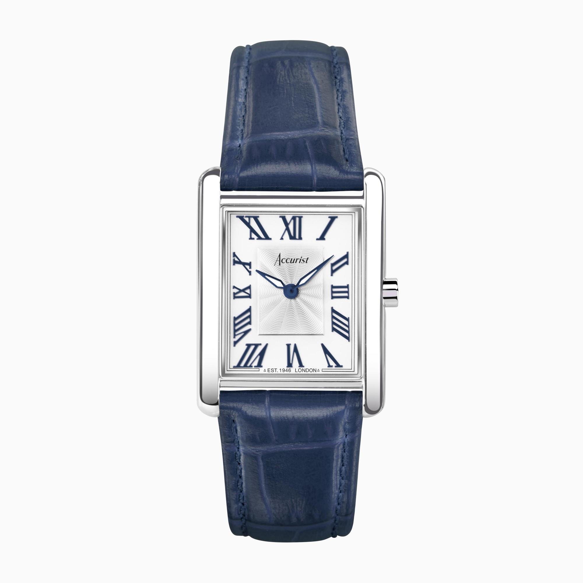 Accurist Accurist Rectangle Ladies Watch | Silver Case & Blue Leather Strap with White Dial | 26mm
