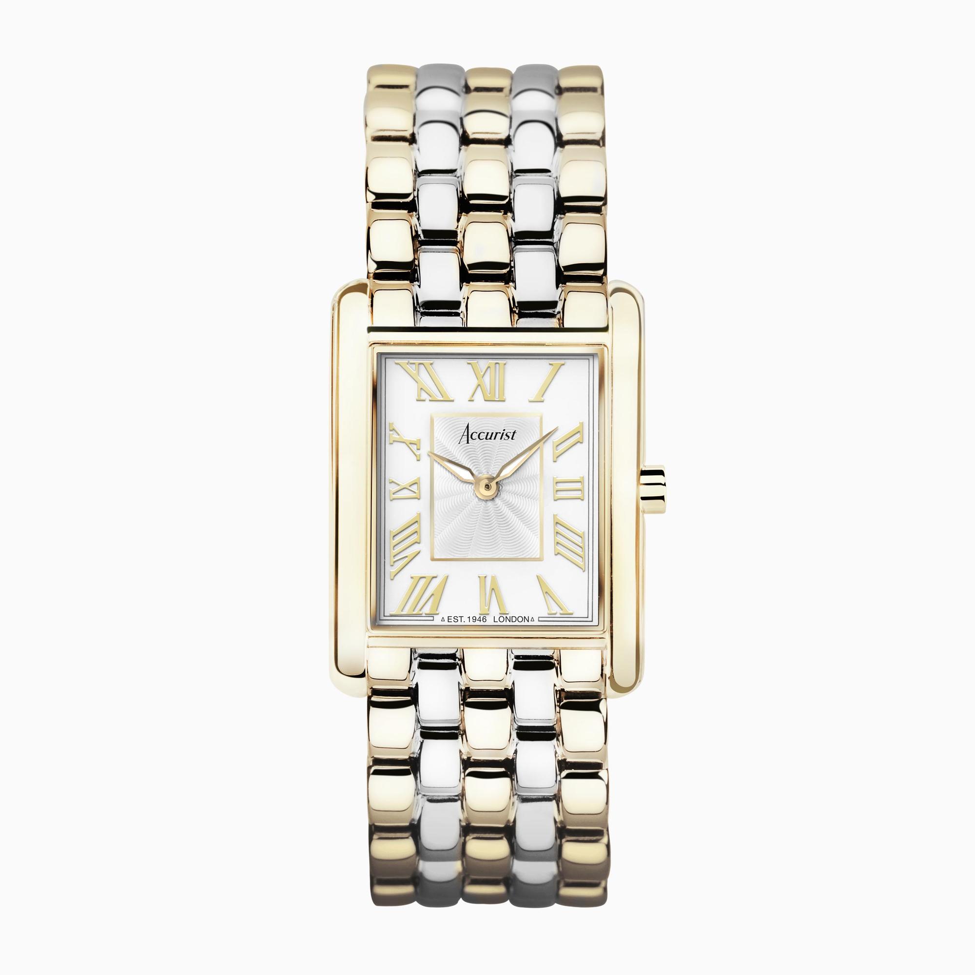Accurist Accurist Rectangle Ladies Watch | Gold Case & Two Tone Stainless Steel Bracelet with White Dial | 26mm