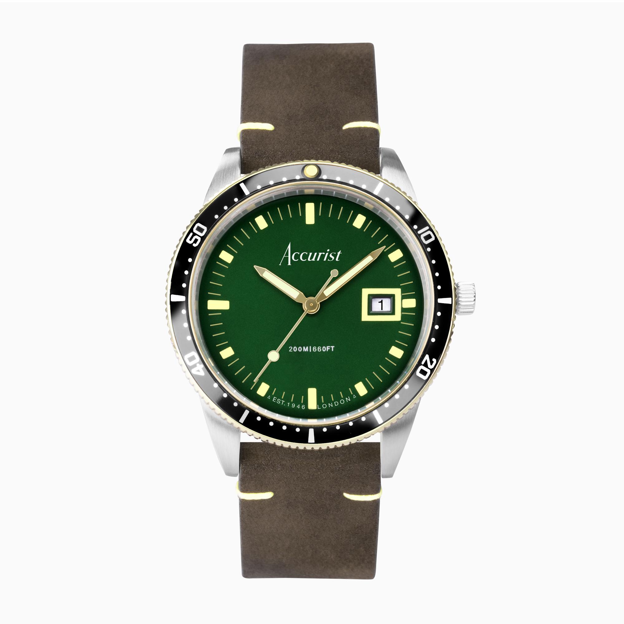 Accurist Accurist Dive Men's Watch | Two Tone Case & Brown Leather Strap with Samphire Green Dial | 42mm