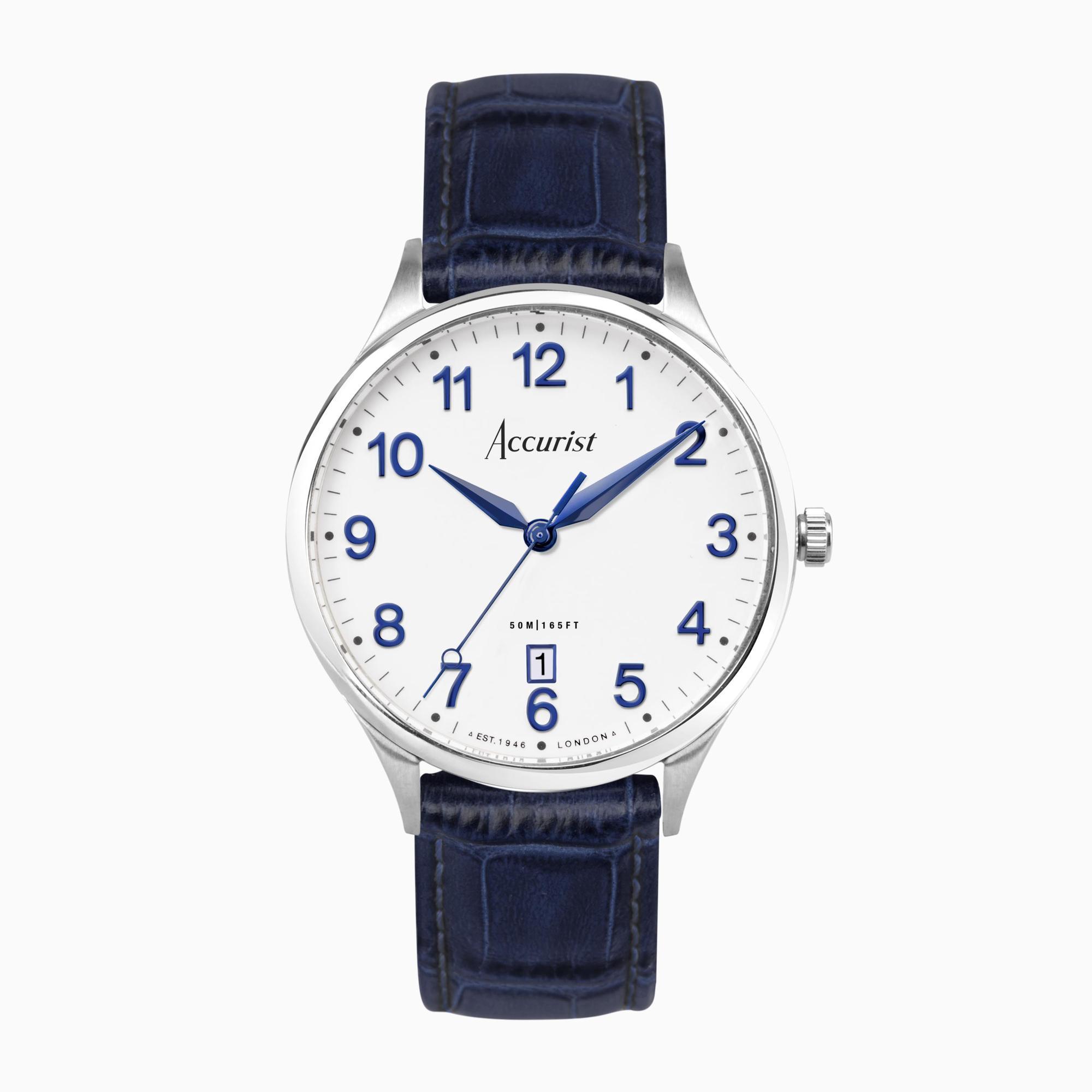 Accurist Accurist Classic Men's Watch | Silver Case & Blue Leather Strap with White Dial | 37mm