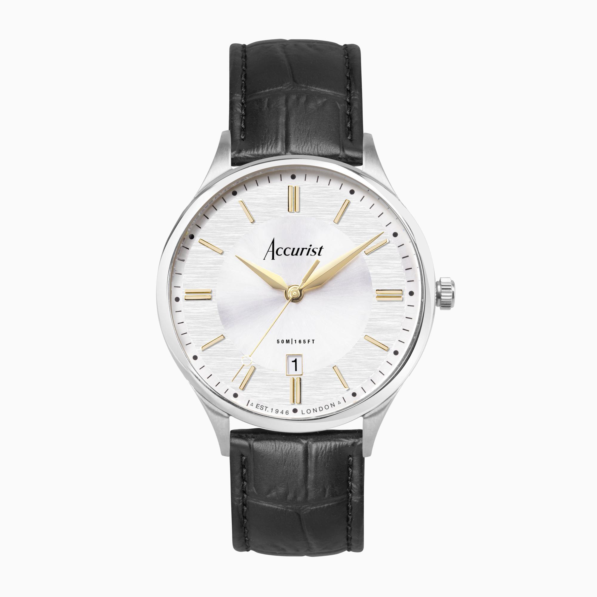 Accurist Accurist Classic Men's Watch | Silver Case & Black Leather Strap with Silver Dial | 37mm