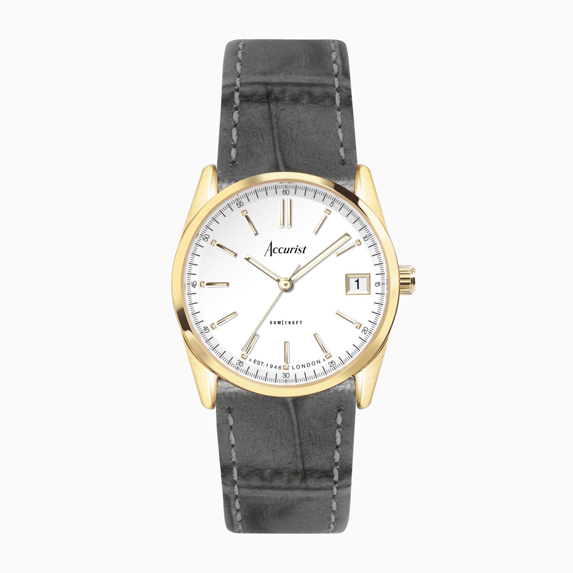 Accurist Accurist Everyday Ladies Watch | Gold Case & Grey Leather Strap with White Dial | 30mm