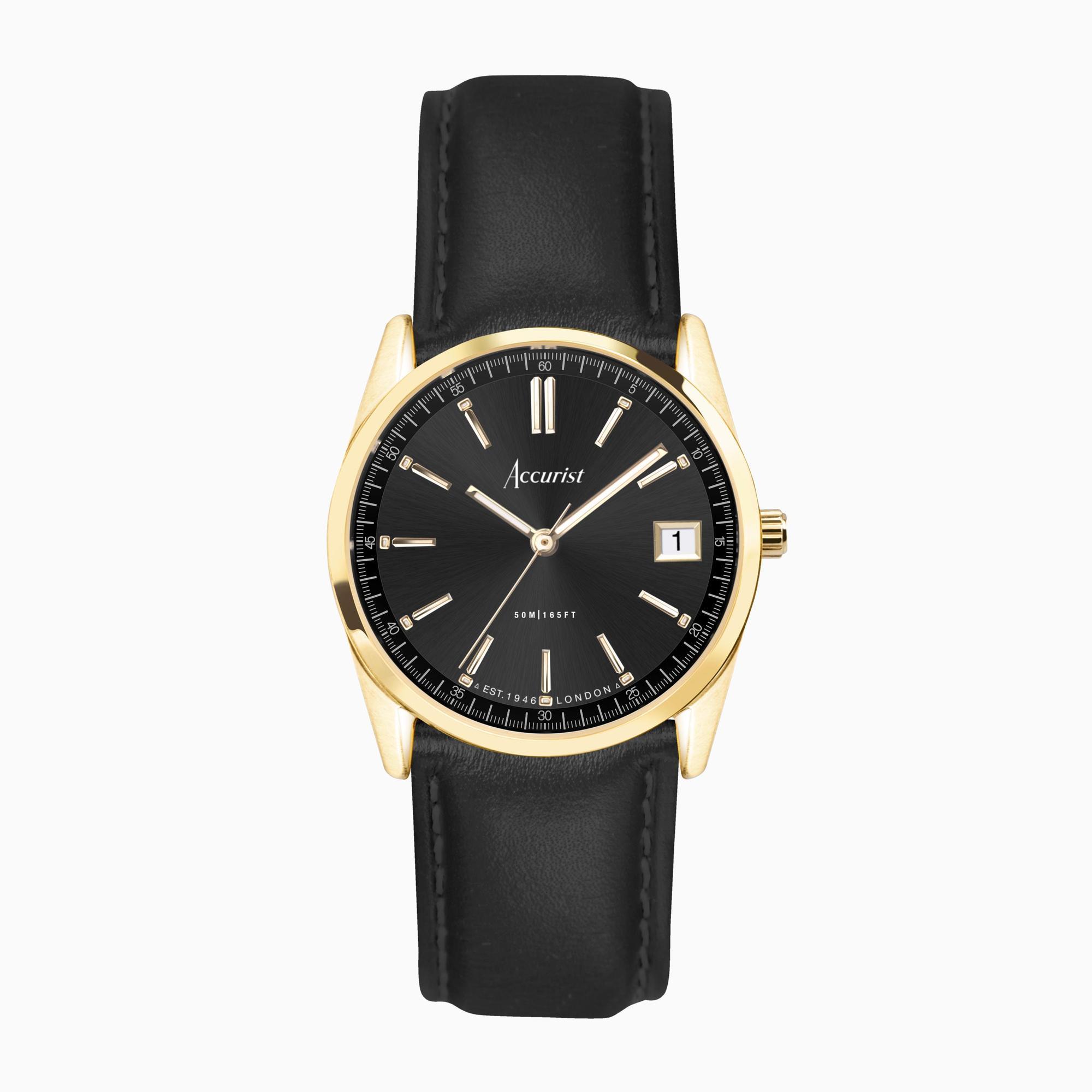 Accurist Accurist Everyday Ladies Watch | Gold Case & Black Leather Strap with Black Dial | 30mm