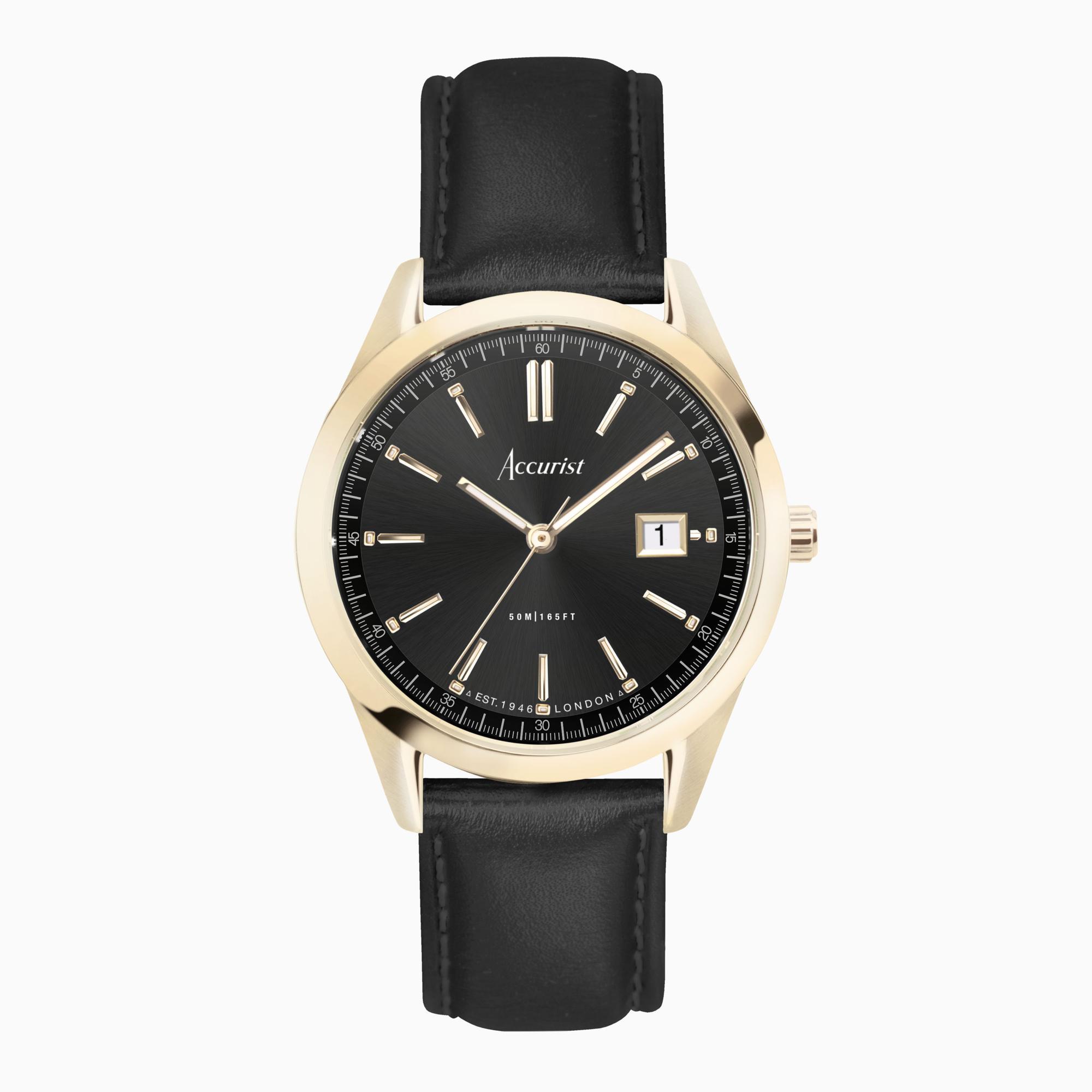 Accurist Accurist Everyday Men's Watch | Gold Case & Black Leather Strap with Black Dial | 40mm