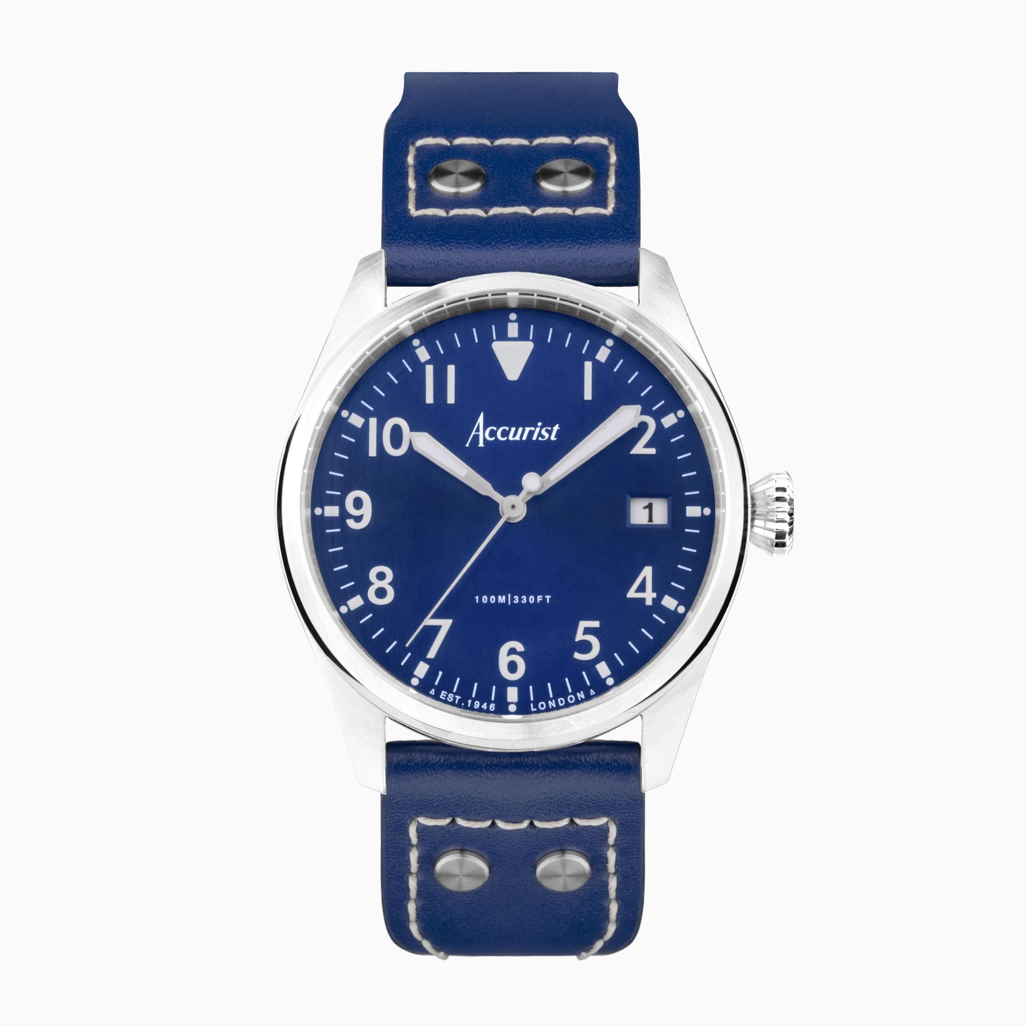Accurist Accurist Aviation Men's Watch | Silver Case & Blue Leather Strap with Windsor Blue Dial | 41mm