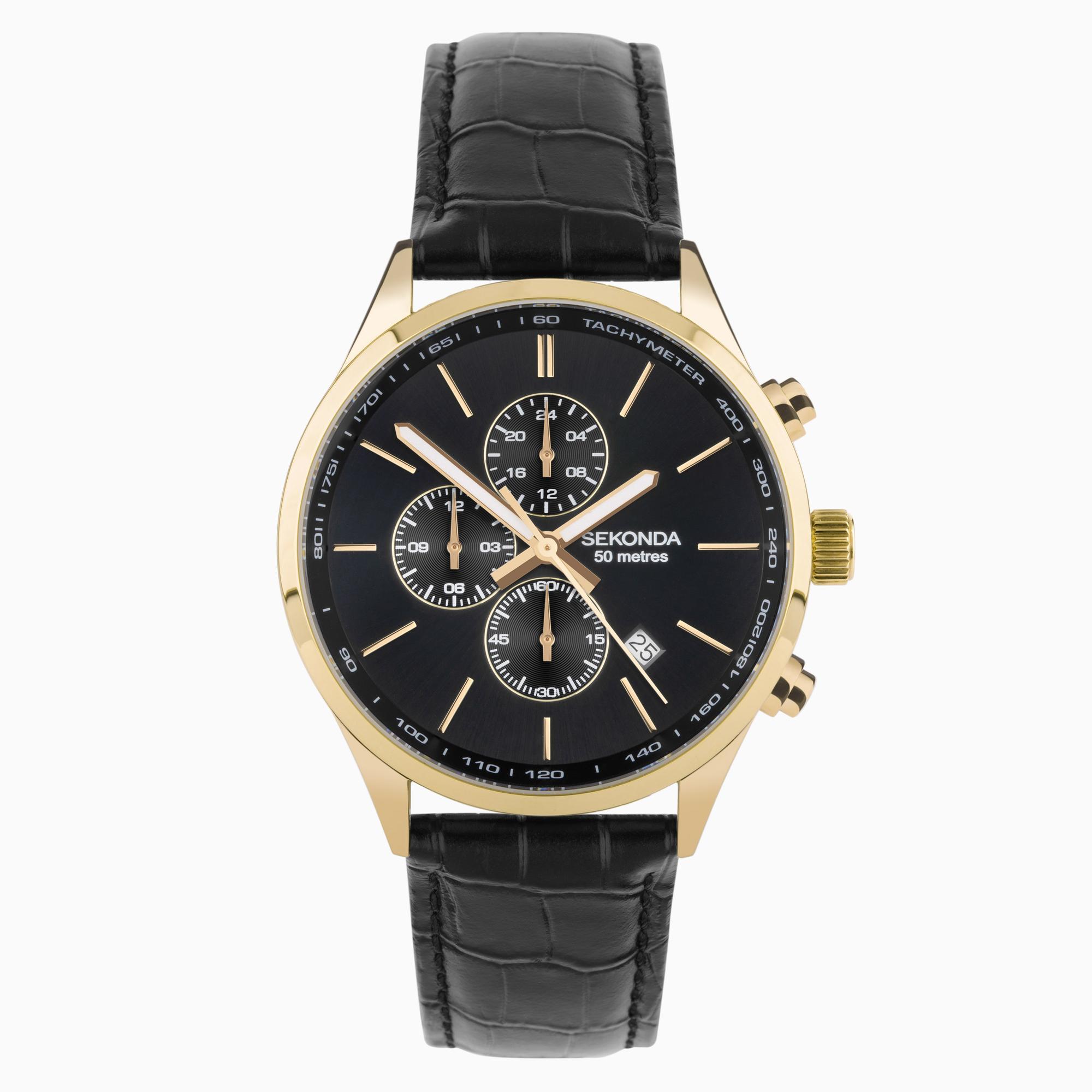 Sekonda Sekonda Endurance Dual Time Men's Watch | Gold Alloy Case & Black Leather Strap with Black Dial | 30107