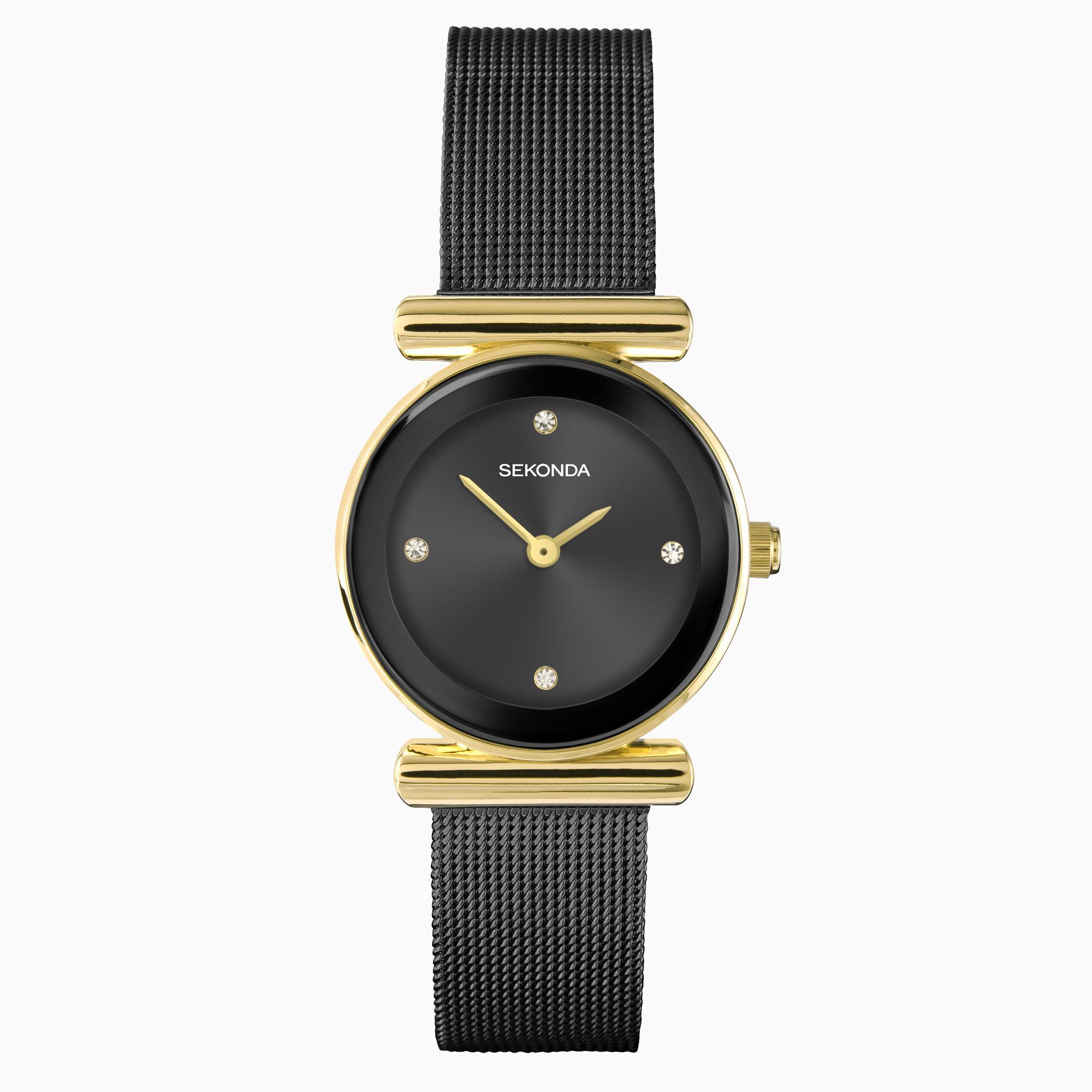 Sekonda Sekonda Ava Ladies Watch | Gold Alloy Case & Black Stainless Steel Mesh Bracelet with Black Dial | 40584