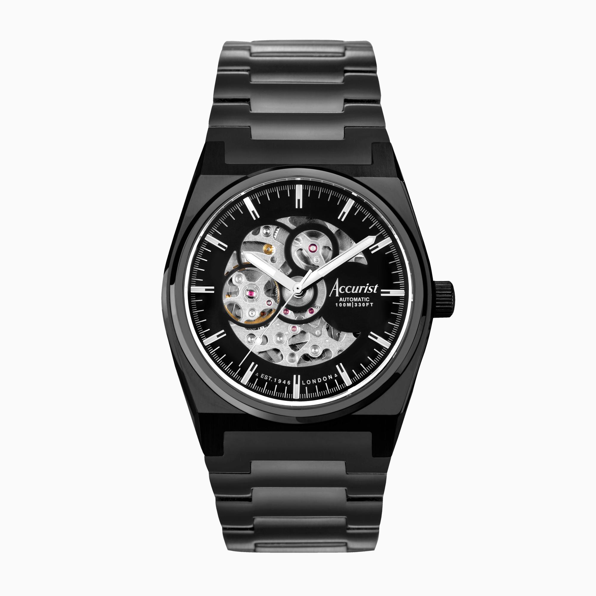 Accurist Accurist Origin Automatic Mens Watch | Black Stainless Steel Case & Bracelet with Skeleton Dial | 41mm