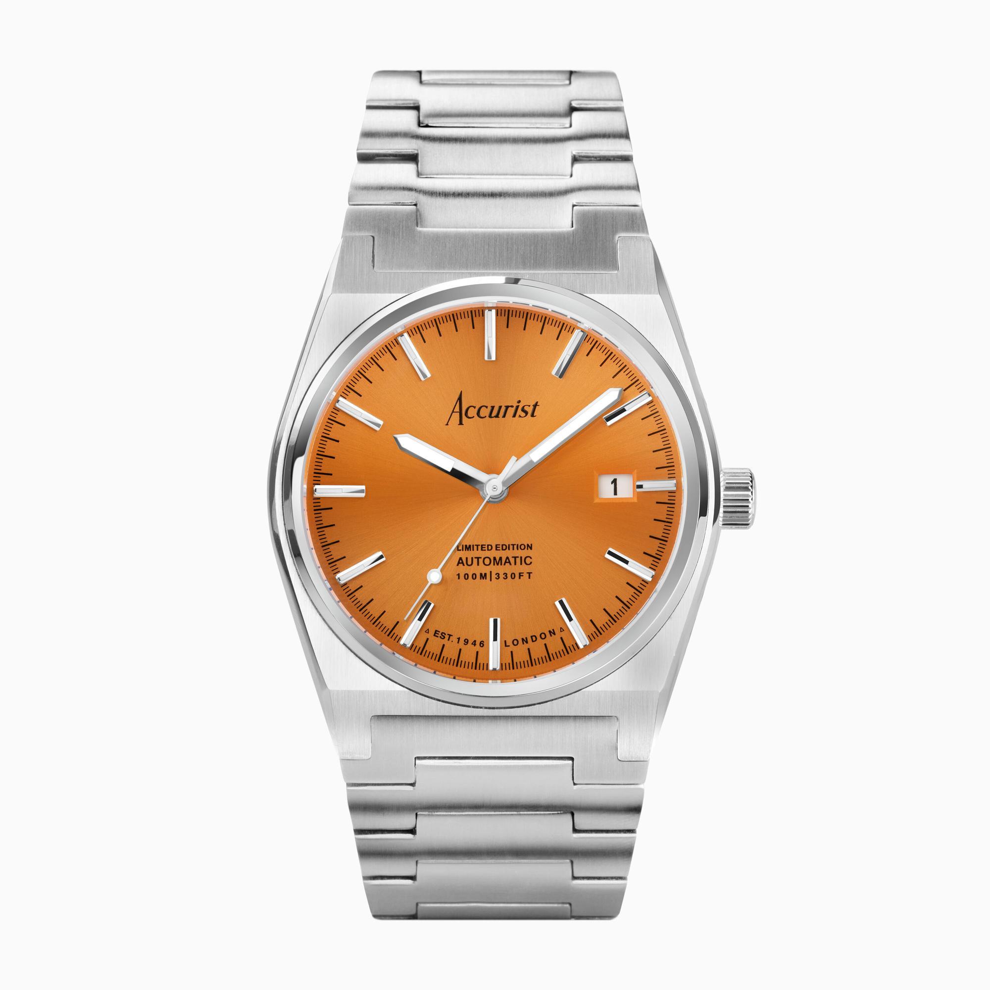 Accurist Accurist Limited Edition Origin Automatic Mens Watch | Silver Case & Stainless Steel Bracelet with Orange Dial | 41mm