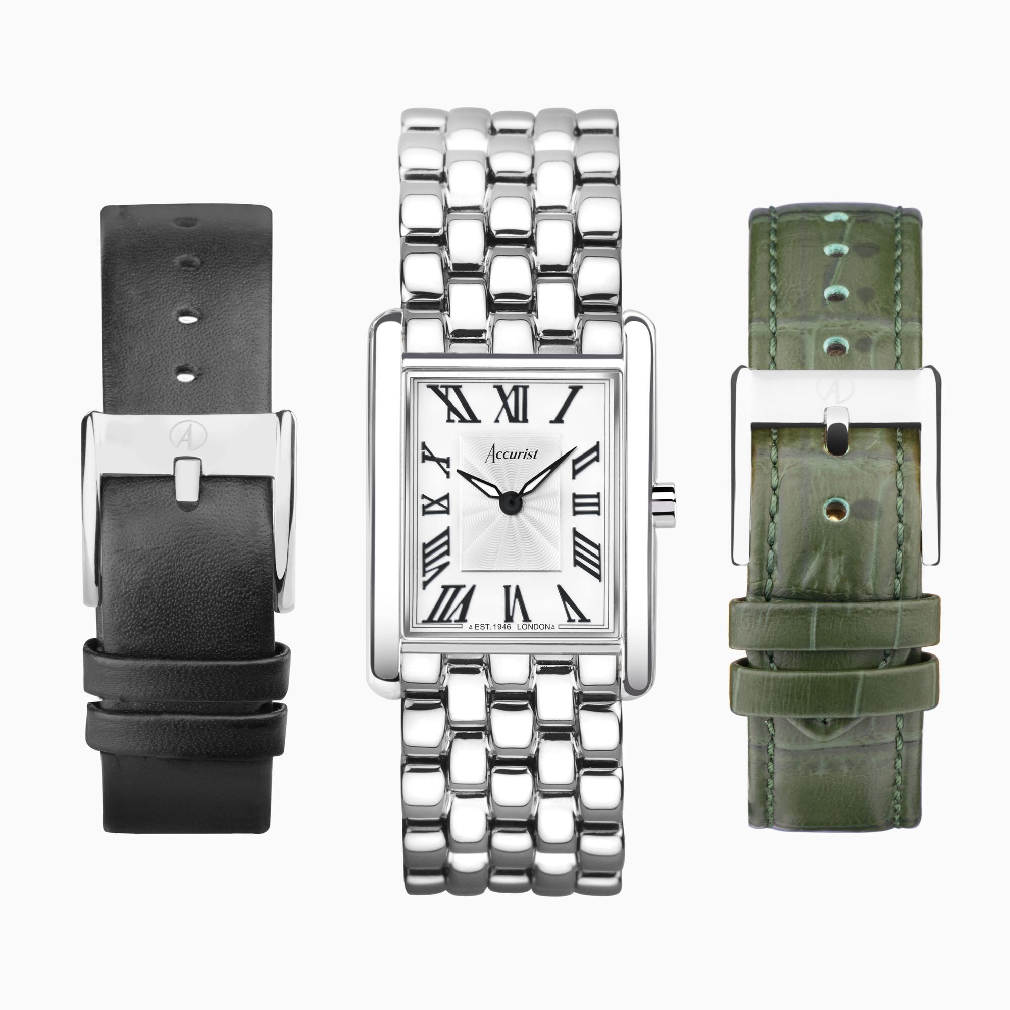 Accurist Accurist Rectangle Ladies Watch Gift Set 26mm | Black Leather Strap | Green Leather Strap