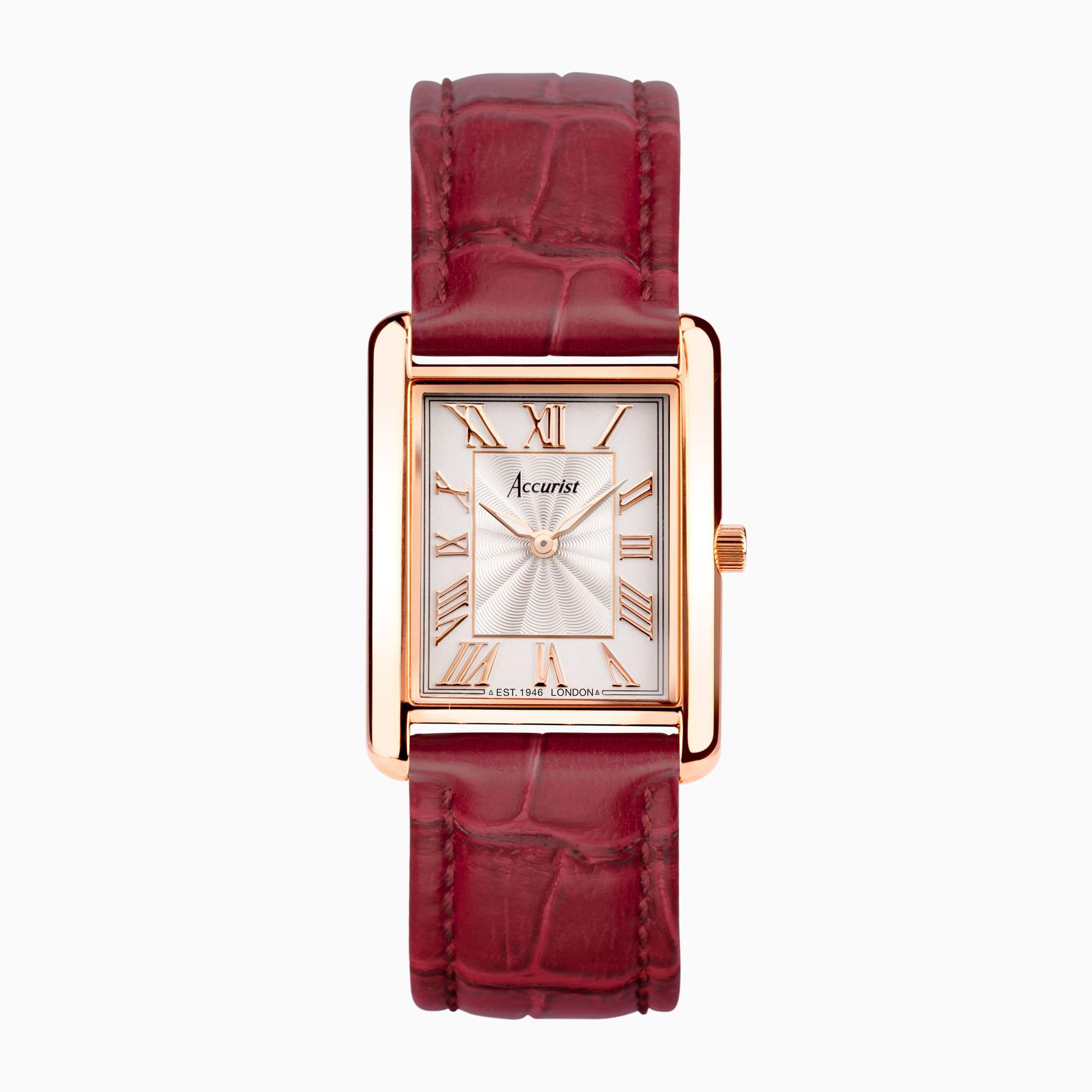 Accurist Accurist Rectangle Ladies Watch | Rose Gold Case & Burgundy Leather Strap with White Dial | 26mm