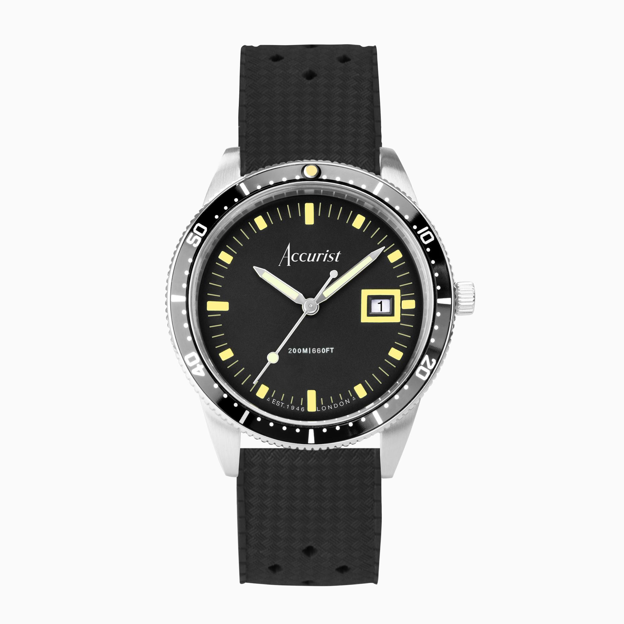 Accurist Accurist Dive Men's Watch | Silver Case & Black Rubber Strap with Black Dial | 42mm
