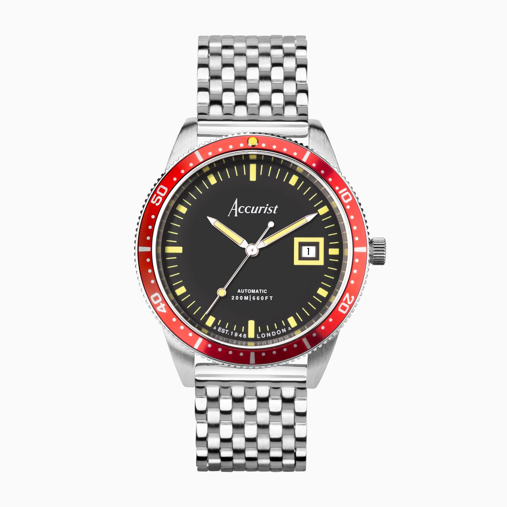 Accurist Accurist Dive Automatic Mens Watch | Silver Stainless Steel Case & Bracelet with Black Dial | 42mm