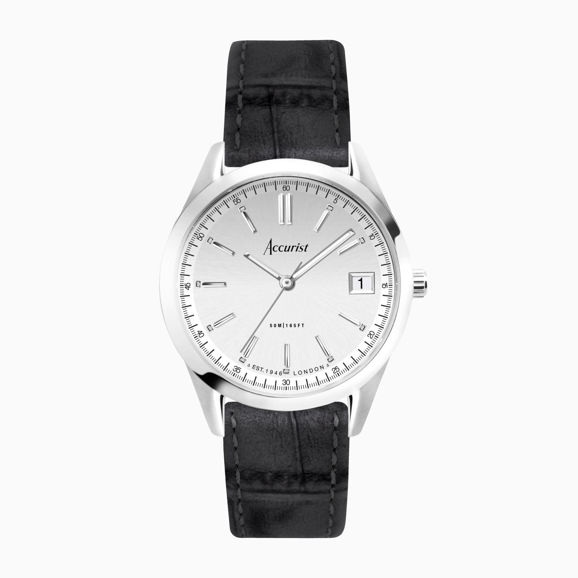 Accurist Accurist Everyday Unisex Watch | Silver Case & Black Leather Strap With Silver Dial | 36mm