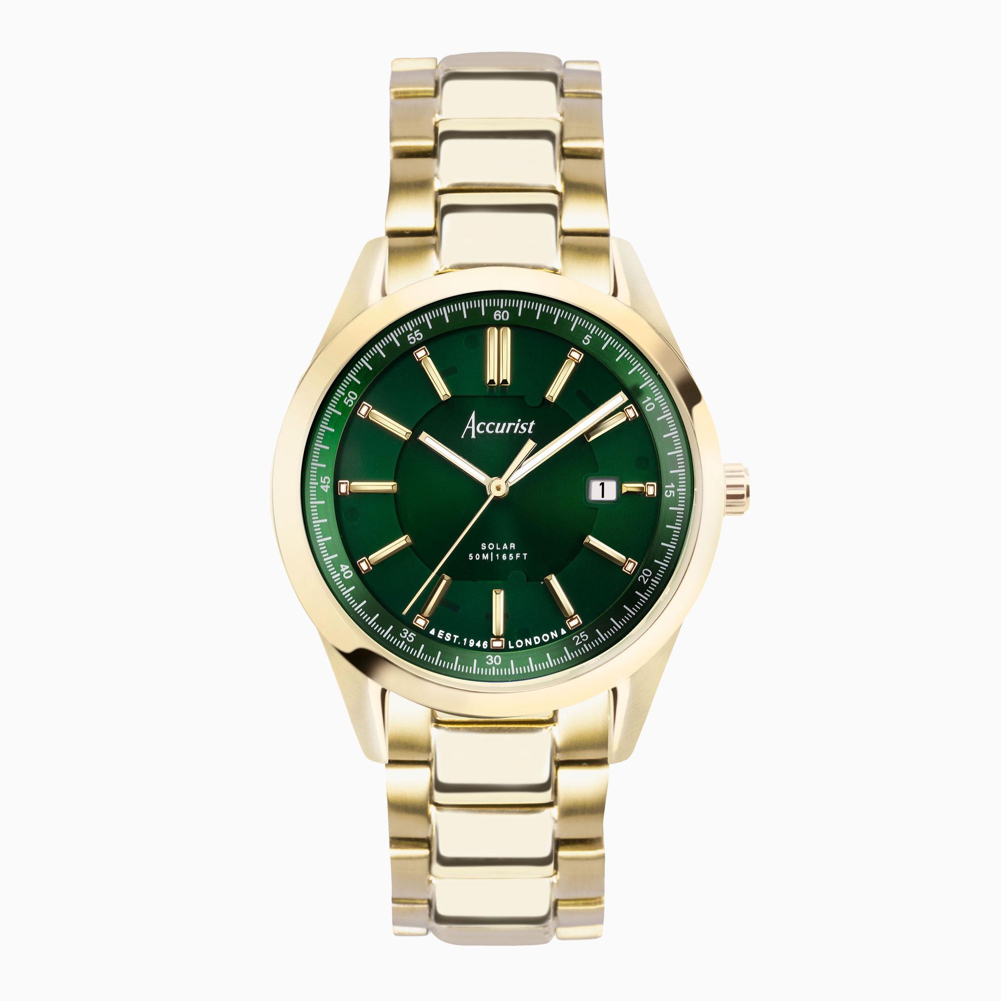 Accurist Accurist Everyday Solar Men’s Watch | Gold Stainless Steel Case & Bracelet with Green Dial