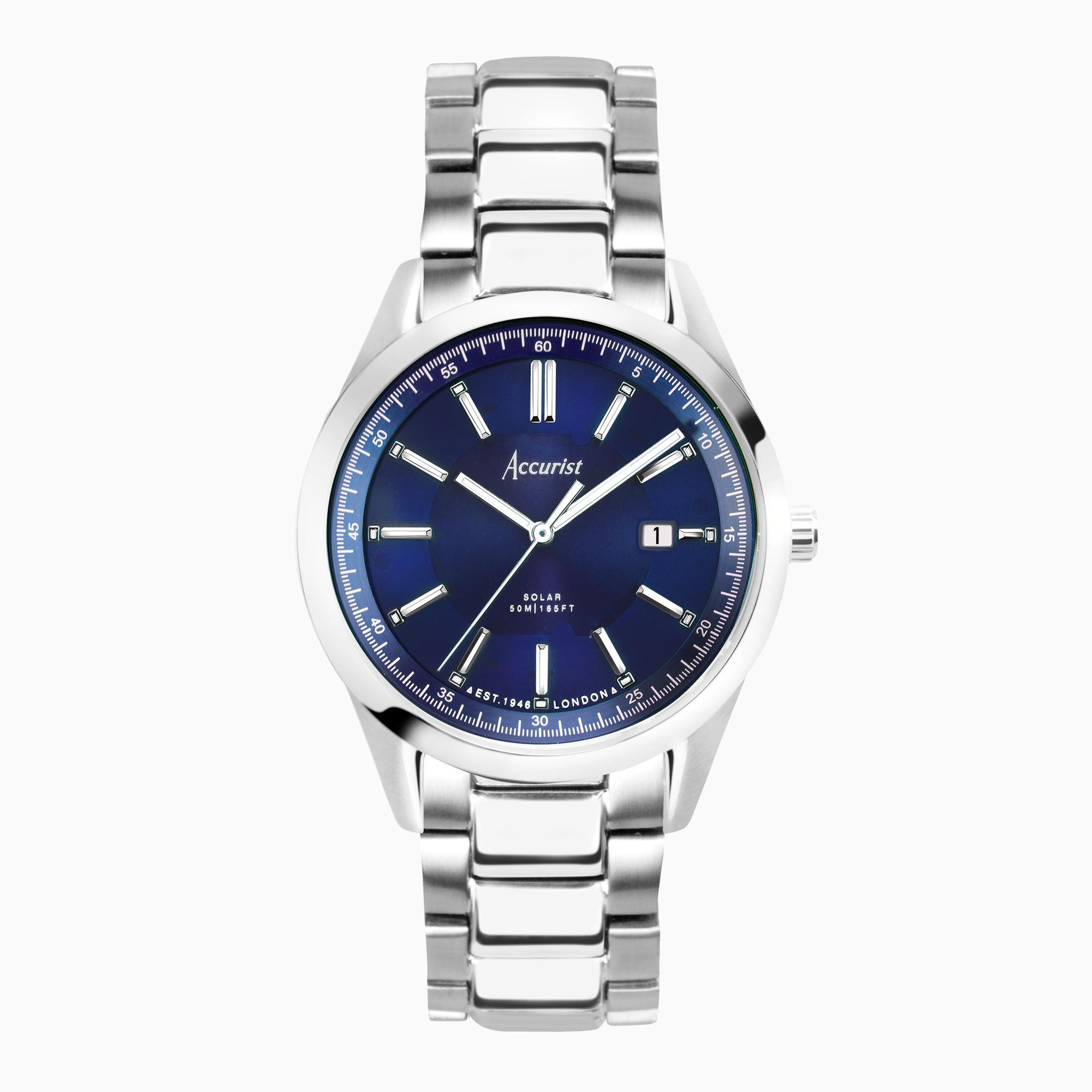 Accurist Accurist Everyday Solar Mens Watch | Silver Stainless Steel Case & Bracelet with Blue Dial | 40mm