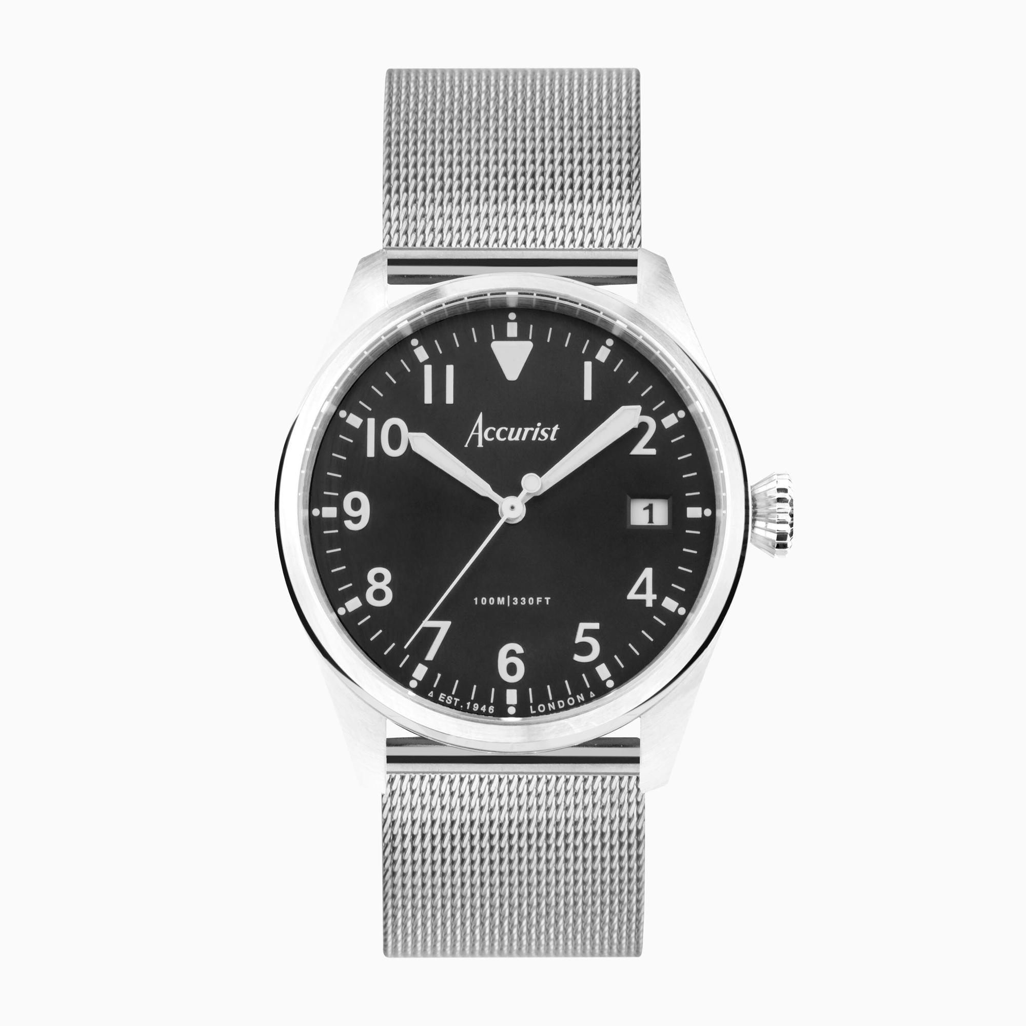 Accurist Accurist Aviation Men's Watch | Silver Case & Stainless Steel Bracelet with Black Dial | 41mm