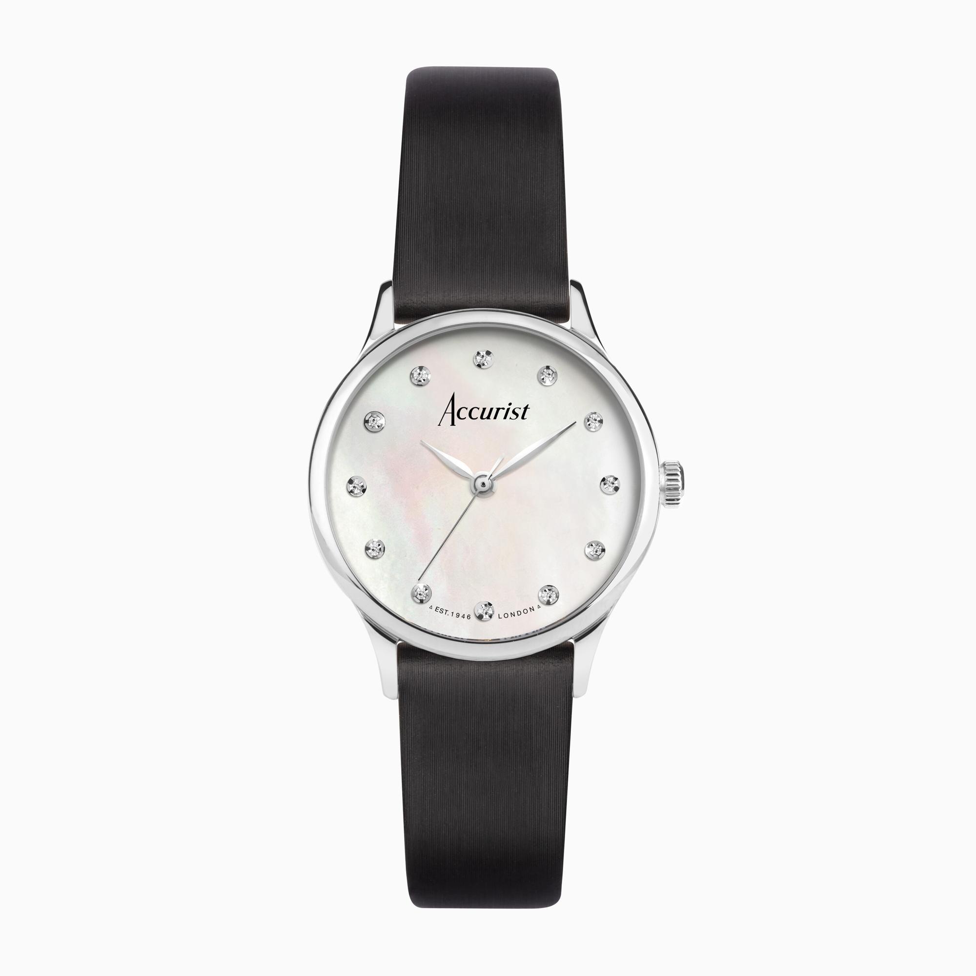 Accurist Accurist Dress Diamond Ladies Watch | Silver Stainless Steel Case & Black Leather Strap wit