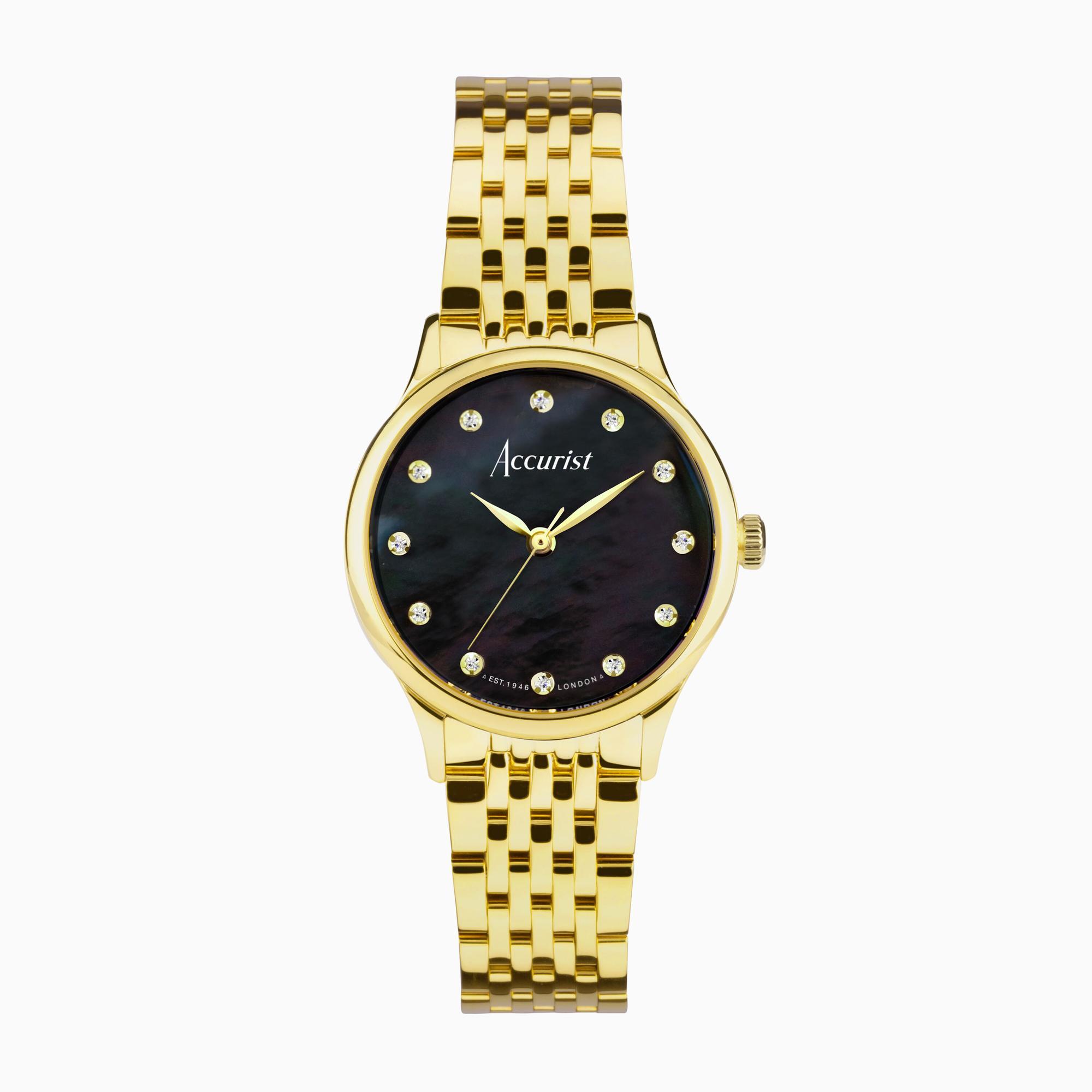 Accurist Accurist Dress Diamond Ladies Watch | Gold Stainless Steel Case & Bracelet with Black Mother of Pearl Dial | 28mm