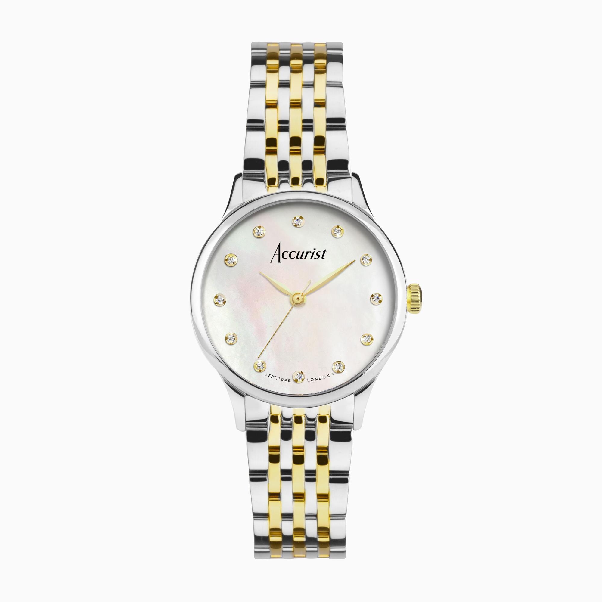 Accurist Accurist Dress Diamond Ladies Watch | Silver Stainless Steel Case & Two Tone Bracelet with White Mother of Pearl Dial | 28mm