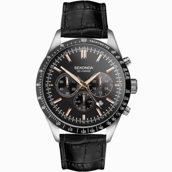 Sekonda Velocity Chronograph Men's Watch | Stainless Steel Case & Black Leather Strap with Black Dial | 30017