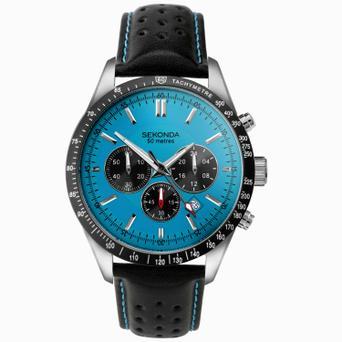 Sekonda Velocity Chronograph Men's Watch | Stainless Steel Case & Black Leather Strap with Blue Dial | 30019