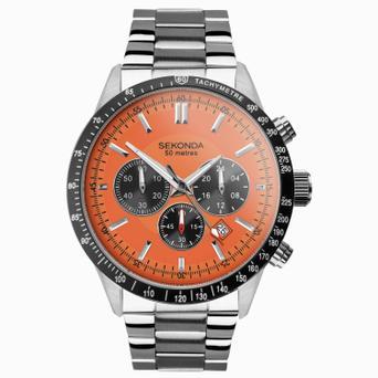 Sekonda Velocity Chronograph Men's Watch | Stainless Steel Case & Bracelet with Orange Dial | 30025