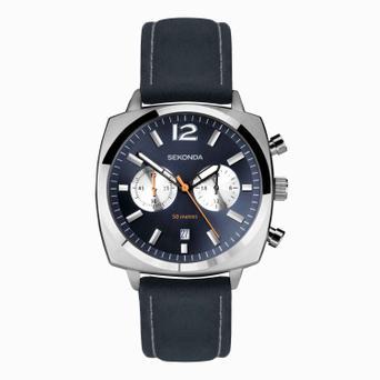 Sekonda Airborne Men's Chronograph Watch | Silver Case & Blue Leather Strap with Blue Dial | 30027