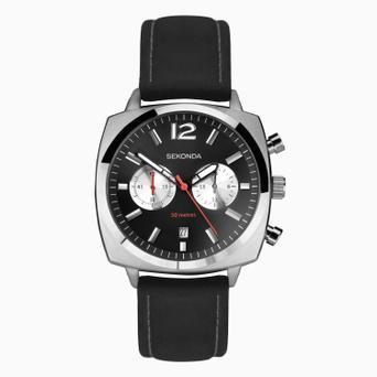 Sekonda Airborne Men's Chronograph Watch | Silver Case & Black Leather Strap with Black Dial | 30028