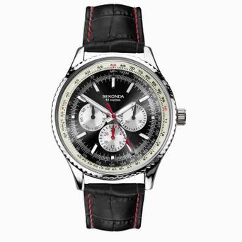 Sekonda Maverick Men's Watch | Silver Case & Black Leather Strap with Black Dial | 30035
