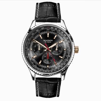 Sekonda Maverick Men's Watch | Silver Case & Black Leather Strap with Black Dial | 30036