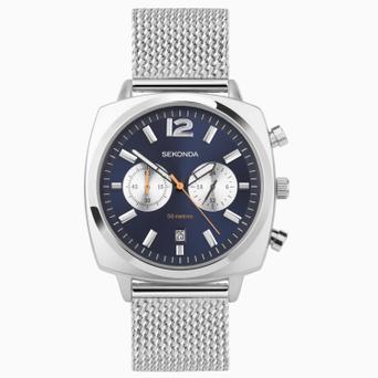 Sekonda Airborne Men's Chronograph Watch | Silver Alloy Case & Stainless Steel Mesh Bracelet with Blue Dial | 30100